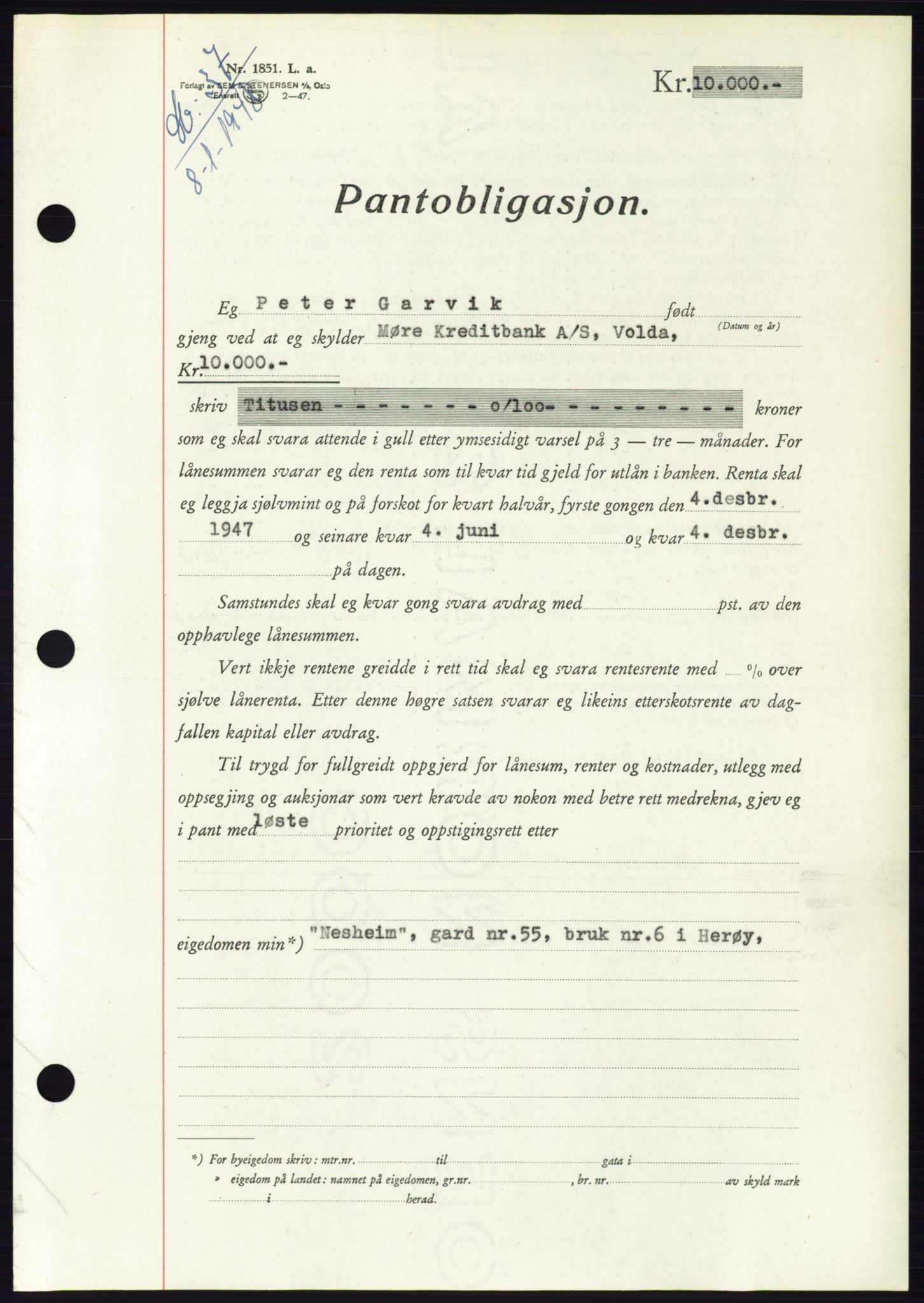 Søre Sunnmøre sorenskriveri, AV/SAT-A-4122/1/2/2C/L0115: Pantebok nr. 3B, 1947-1948, Dagboknr: 37/1948