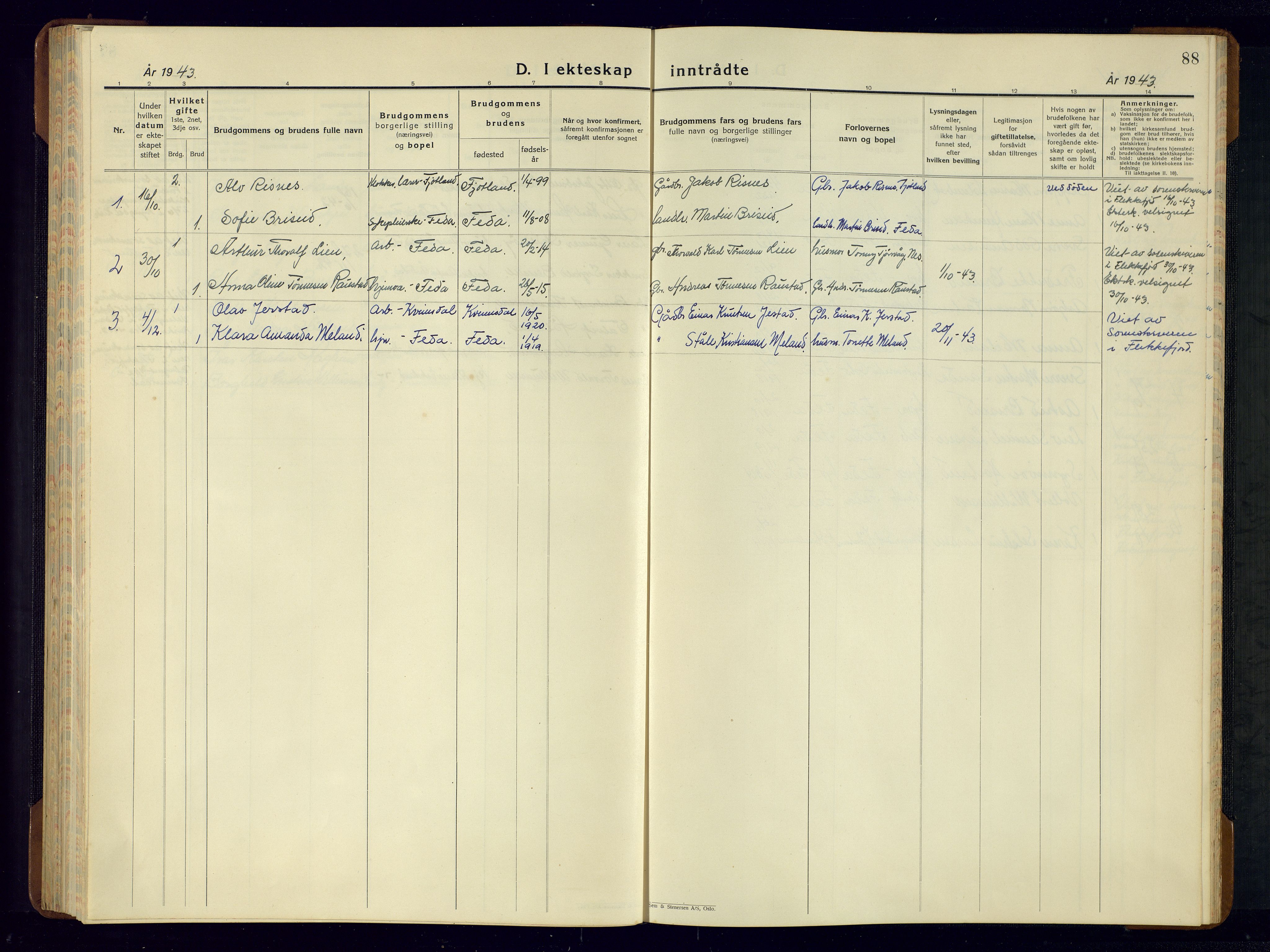 Kvinesdal sokneprestkontor, AV/SAK-1111-0026/F/Fb/Fba/L0006: Klokkerbok nr. B 6, 1935-1956, s. 88