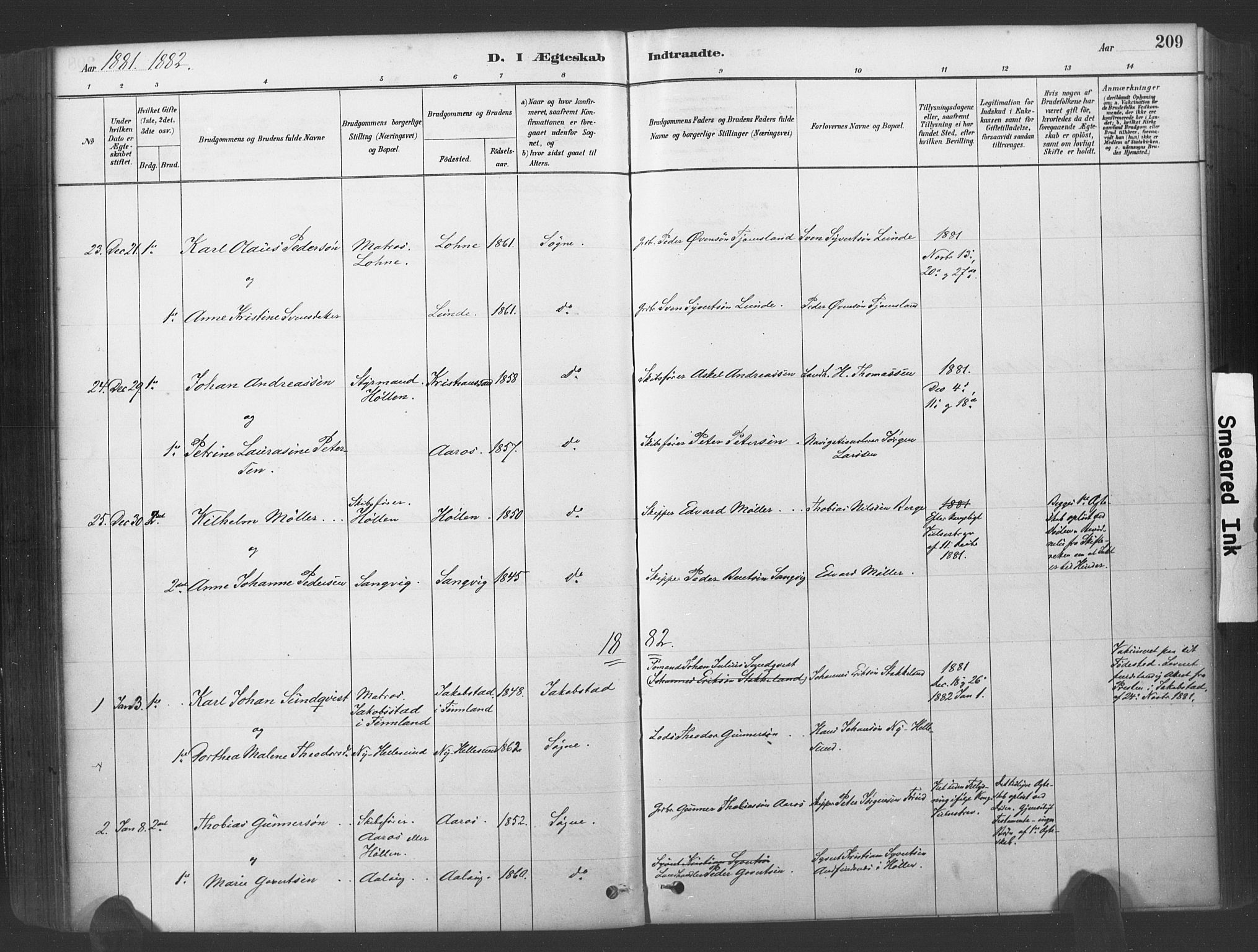 Søgne sokneprestkontor, SAK/1111-0037/F/Fa/Fab/L0012: Ministerialbok nr. A 12, 1880-1891, s. 209