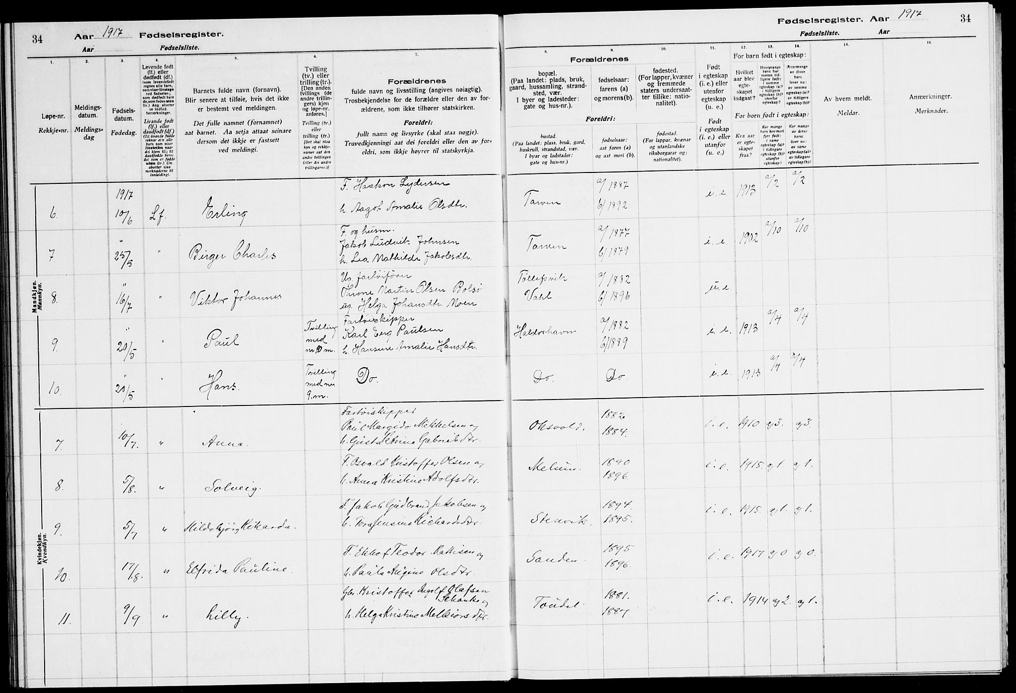 Ministerialprotokoller, klokkerbøker og fødselsregistre - Sør-Trøndelag, SAT/A-1456/651/L0650: Fødselsregister nr. 651.II.4.1, 1916-1923, s. 34