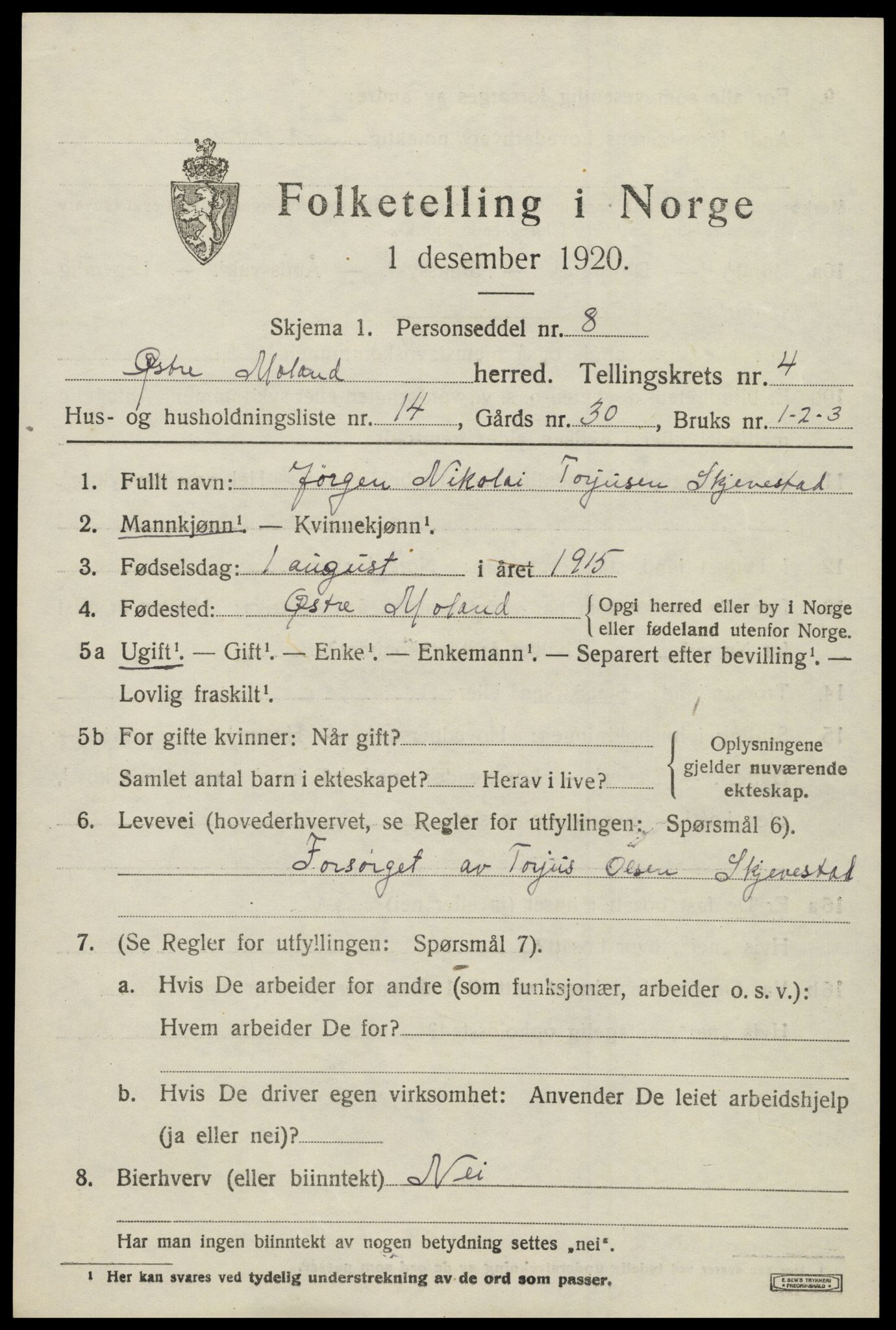 SAK, Folketelling 1920 for 0918 Austre Moland herred, 1920, s. 2205