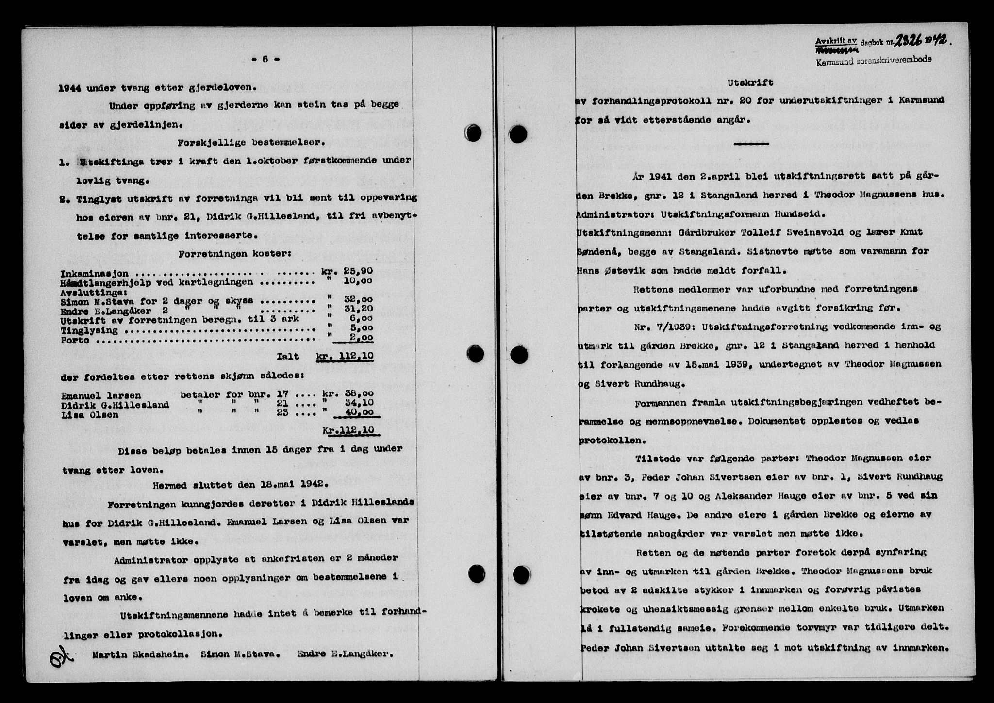 Karmsund sorenskriveri, SAST/A-100311/01/II/IIB/L0079: Pantebok nr. 60A, 1942-1943, Dagboknr: 2326/1942