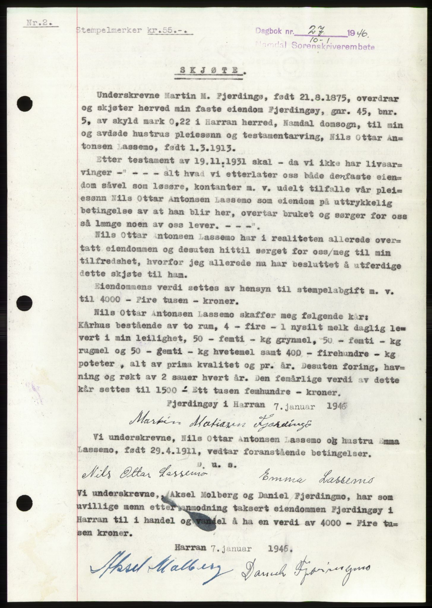 Namdal sorenskriveri, SAT/A-4133/1/2/2C: Pantebok nr. -, 1946-1946, Dagboknr: 27/1946
