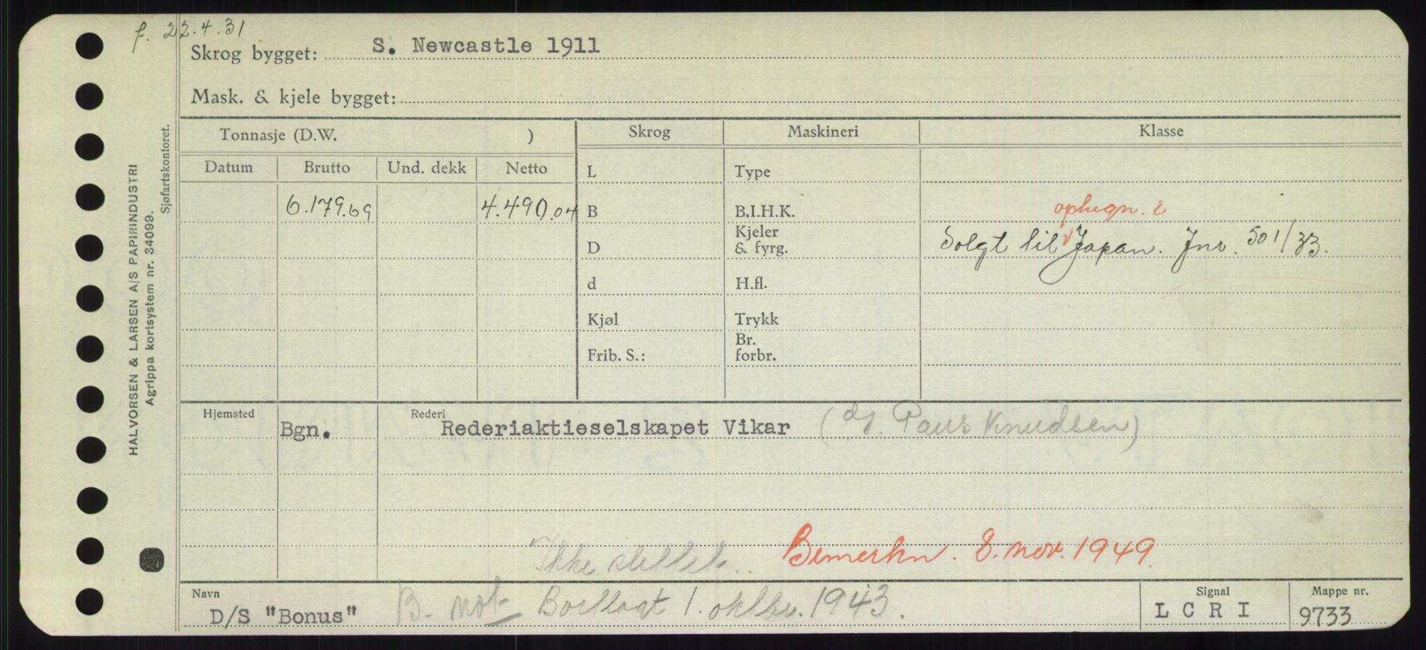 Sjøfartsdirektoratet med forløpere, Skipsmålingen, RA/S-1627/H/Hd/L0004: Fartøy, Bia-Boy, s. 521