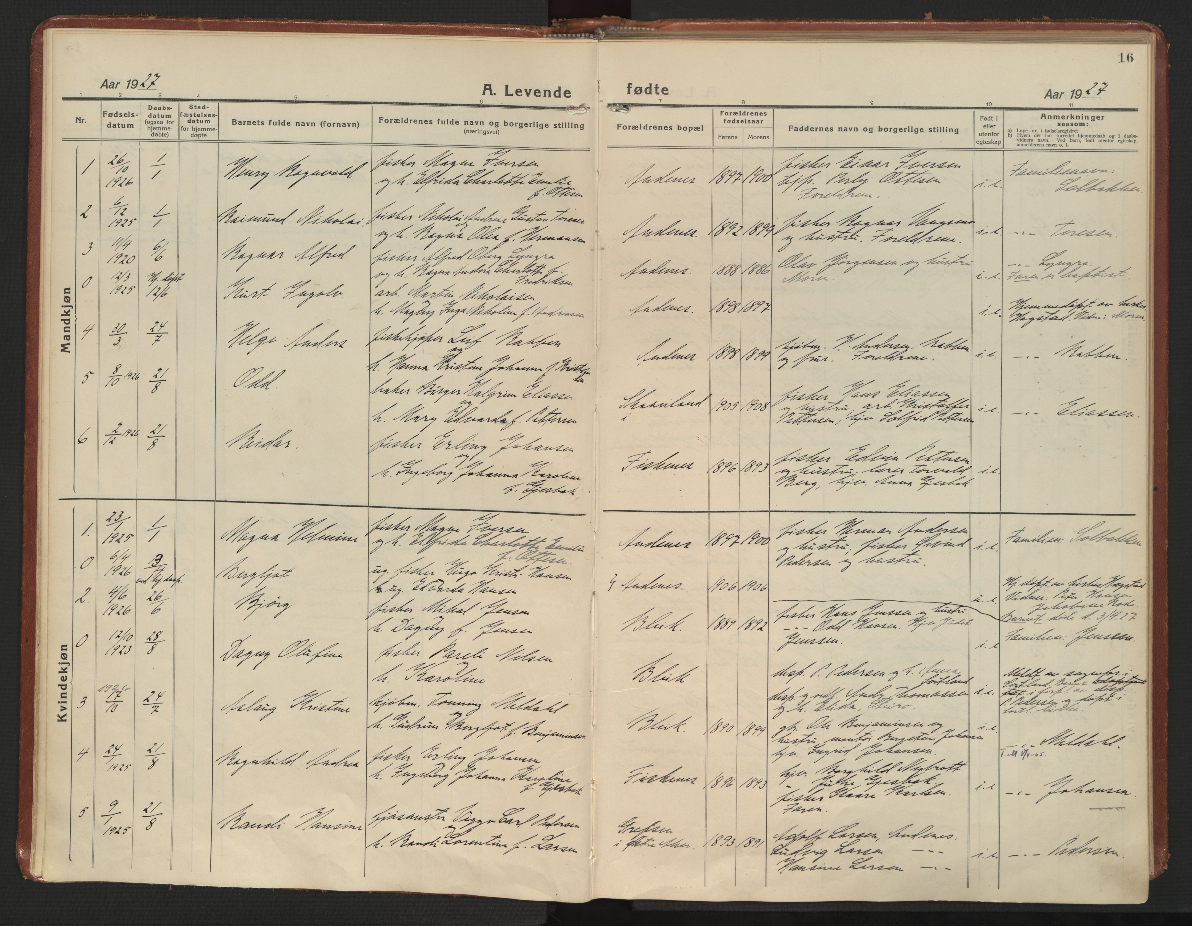 Ministerialprotokoller, klokkerbøker og fødselsregistre - Nordland, AV/SAT-A-1459/899/L1441: Ministerialbok nr. 899A09, 1923-1939, s. 16