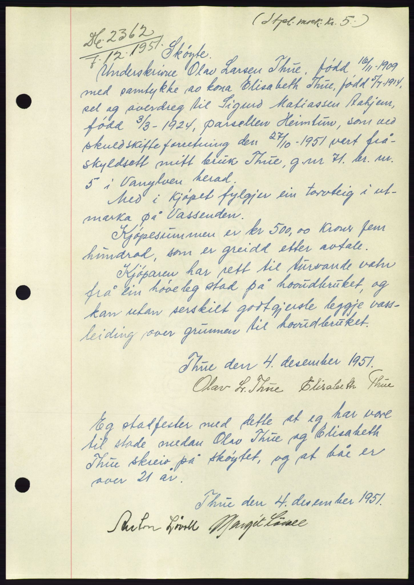 Søre Sunnmøre sorenskriveri, AV/SAT-A-4122/1/2/2C/L0090: Pantebok nr. 16A, 1951-1951, Dagboknr: 2362/1951
