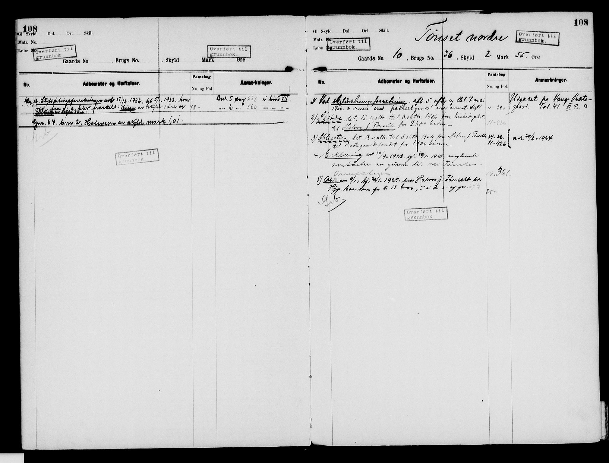 Nord-Hedmark sorenskriveri, SAH/TING-012/H/Ha/Had/Hade/L0003: Panteregister nr. 4.3, 1899-1940, s. 108