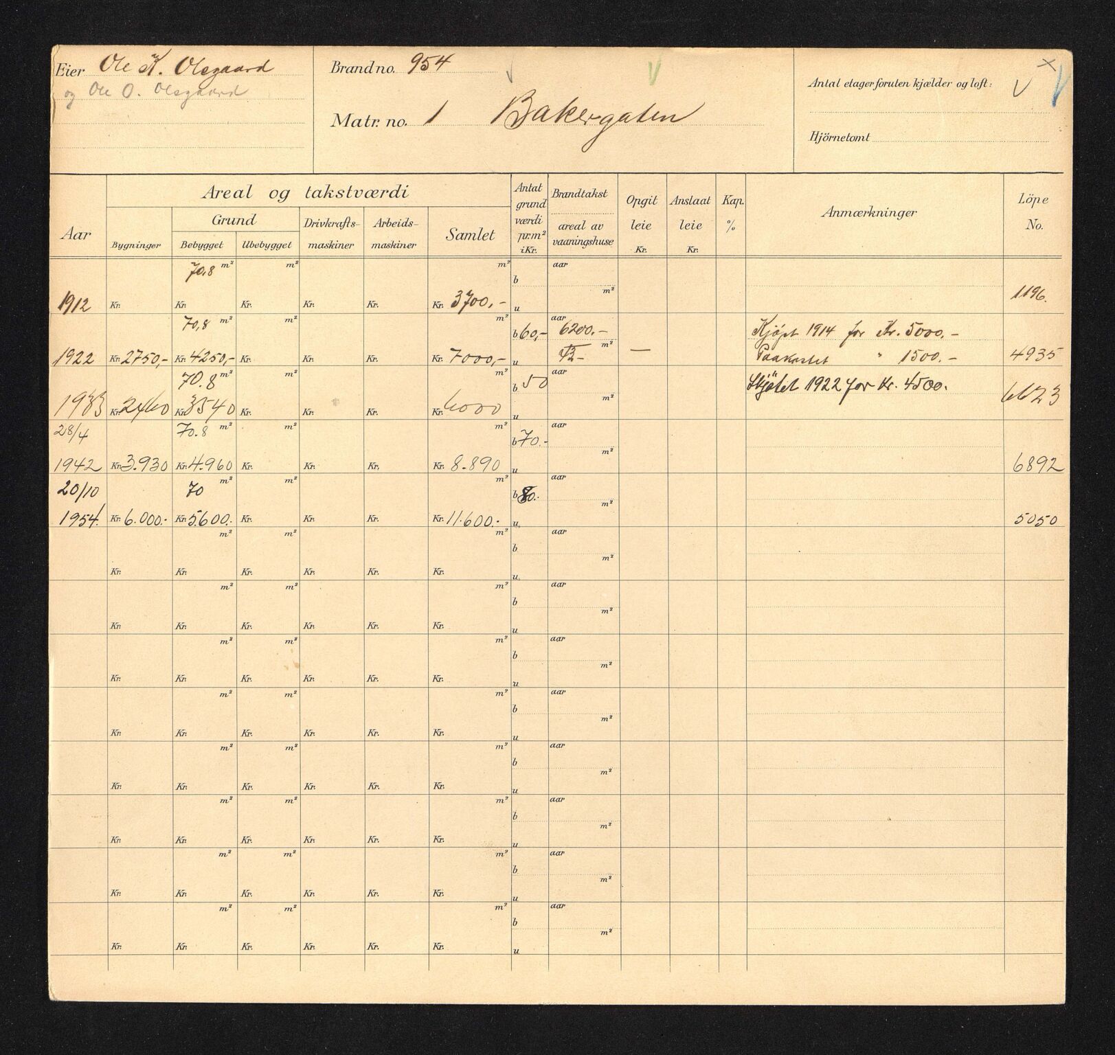 Stavanger kommune. Skattetakstvesenet, BYST/A-0440/F/Fa/Faa/L0003/0007: Skattetakstkort / Bakergata 1 -  Bakgata 17