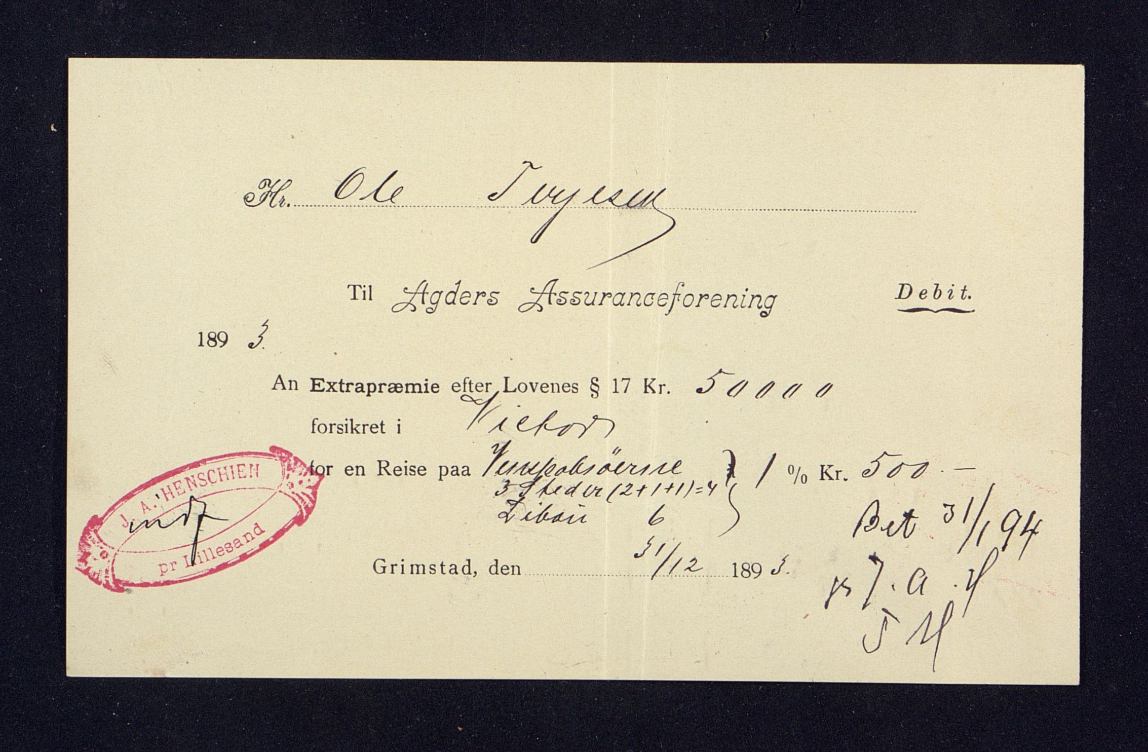 O. Terjesens rederi, AAKS/PA-2525/R/R02/L0001: Regnskapsbilag, 1884-1898