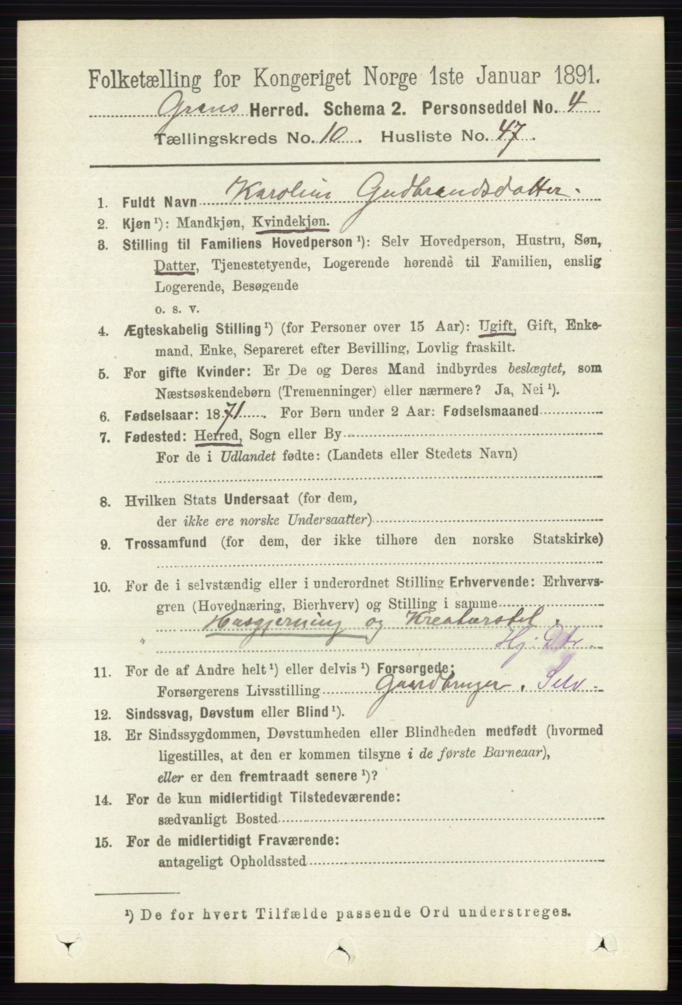 RA, Folketelling 1891 for 0534 Gran herred, 1891, s. 4900