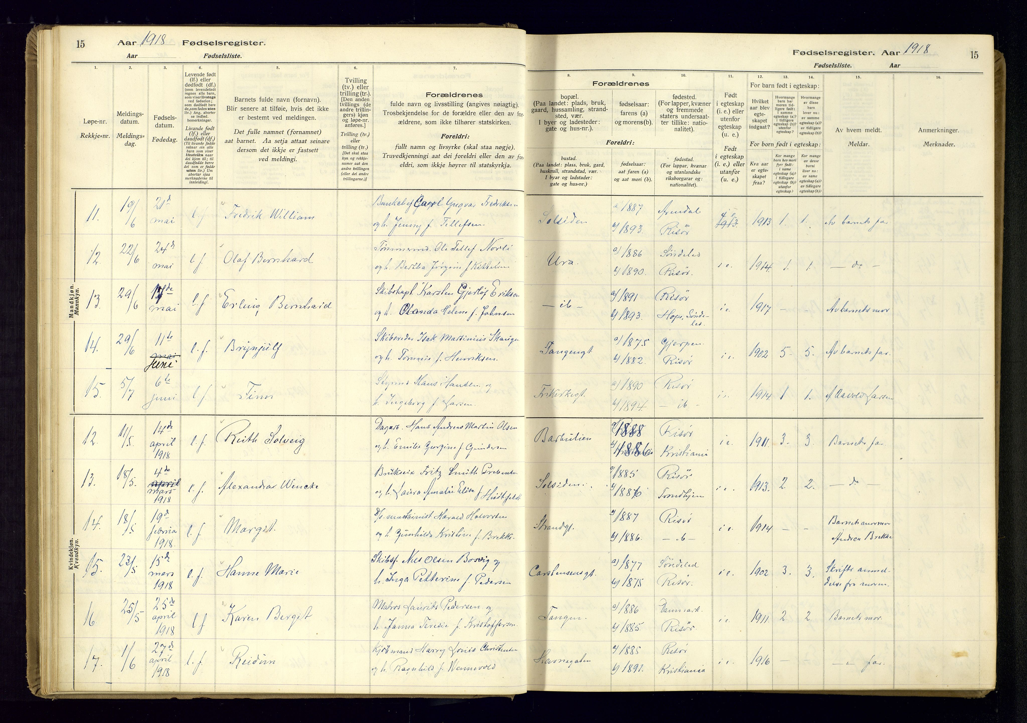 Risør sokneprestkontor, AV/SAK-1111-0035/J/Ja/L0001: Fødselsregister nr. A-VI-13, 1916-1947, s. 15