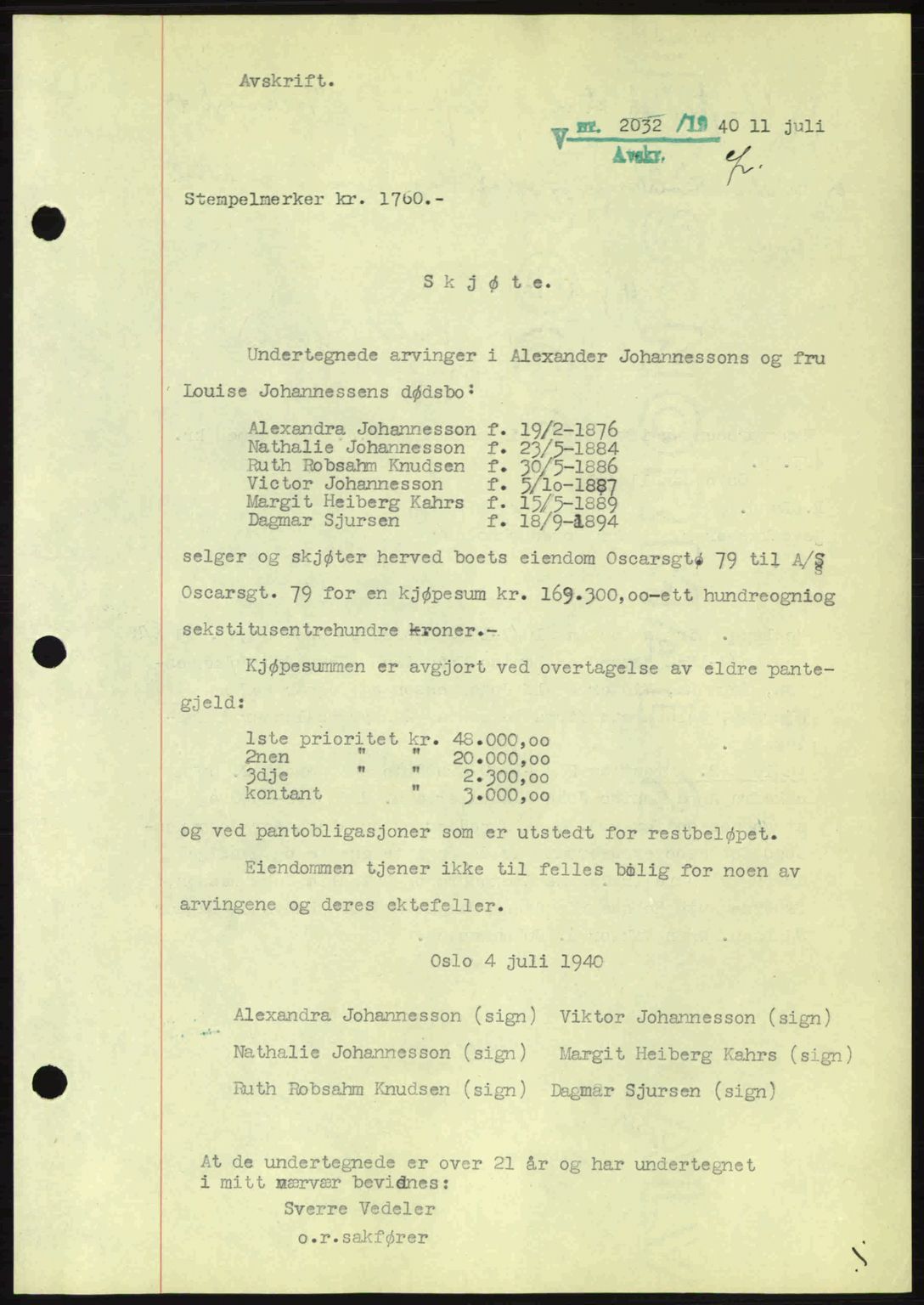 Oslo byskriverembete, SAO/A-10227/G/Gb/Gbb/Gbbb/L0005: Pantebok nr. VA5, 1939-1941, Dagboknr: 2032/1940