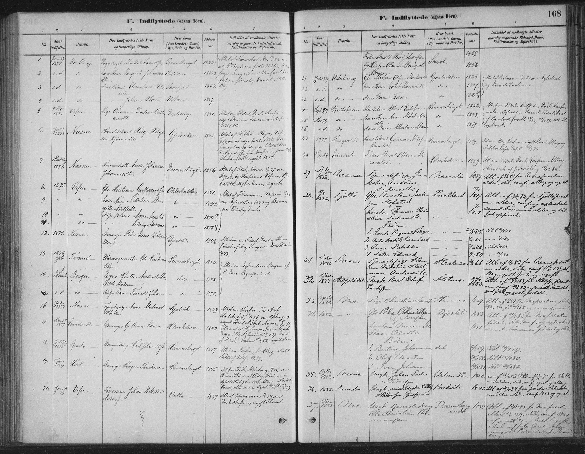 Ministerialprotokoller, klokkerbøker og fødselsregistre - Nordland, SAT/A-1459/825/L0361: Ministerialbok nr. 825A15, 1878-1893, s. 168
