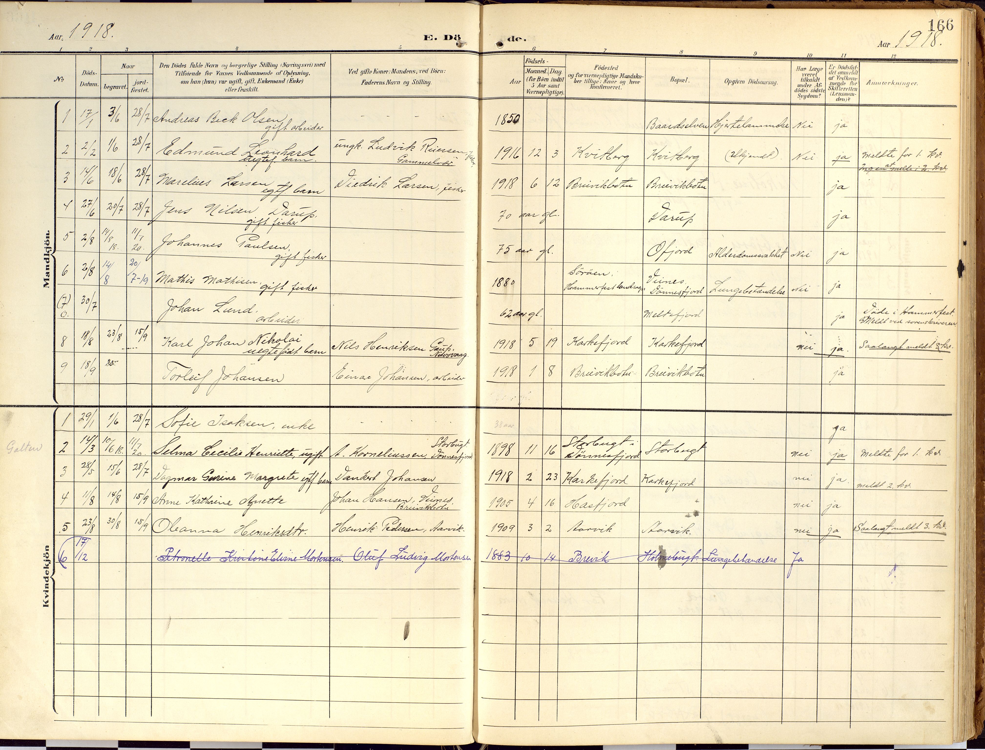Loppa sokneprestkontor, AV/SATØ-S-1339/H/Ha/L0010kirke: Ministerialbok nr. 10, 1907-1922, s. 166