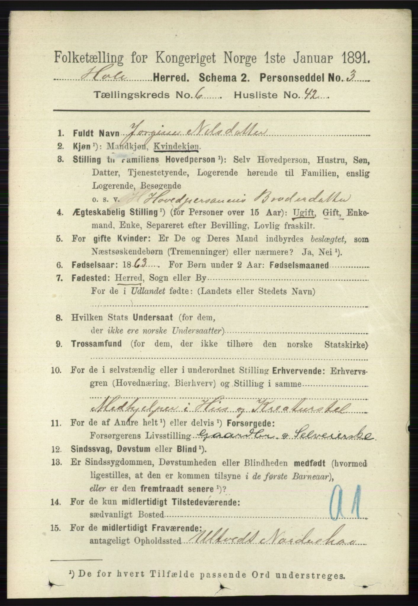 RA, Folketelling 1891 for 0612 Hole herred, 1891, s. 3385