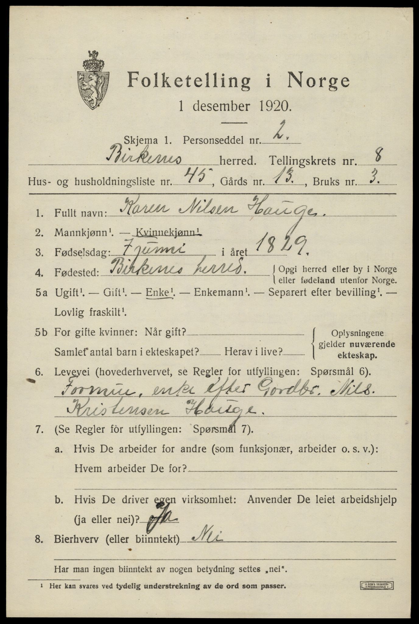 SAK, Folketelling 1920 for 0928 Birkenes herred, 1920, s. 4555