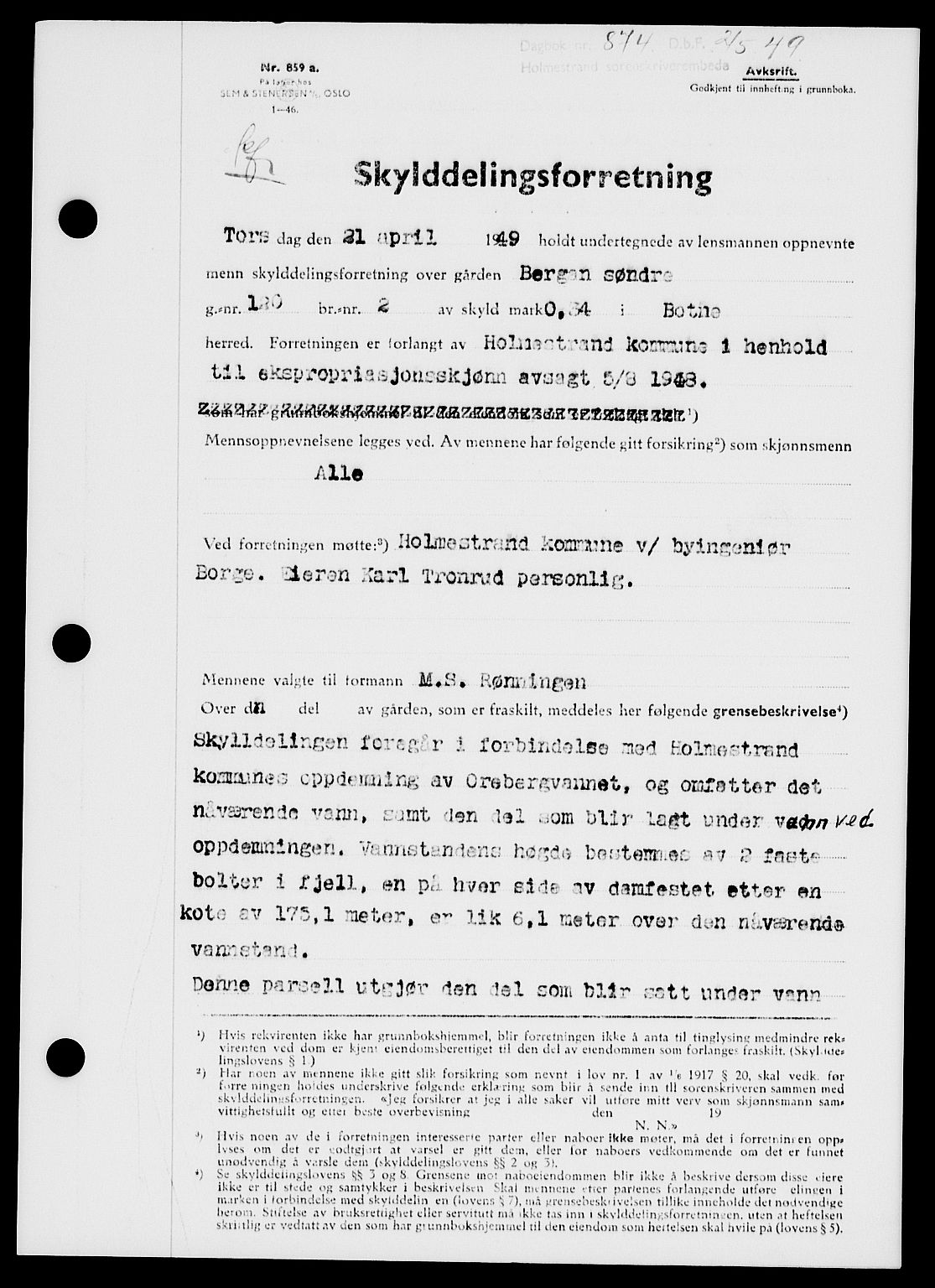 Holmestrand sorenskriveri, SAKO/A-67/G/Ga/Gaa/L0066: Pantebok nr. A-66, 1949-1949, Dagboknr: 874/1949