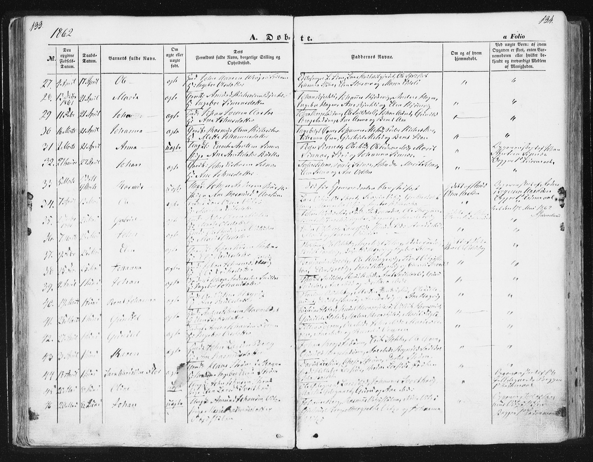 Ministerialprotokoller, klokkerbøker og fødselsregistre - Sør-Trøndelag, SAT/A-1456/630/L0494: Ministerialbok nr. 630A07, 1852-1868, s. 133-134