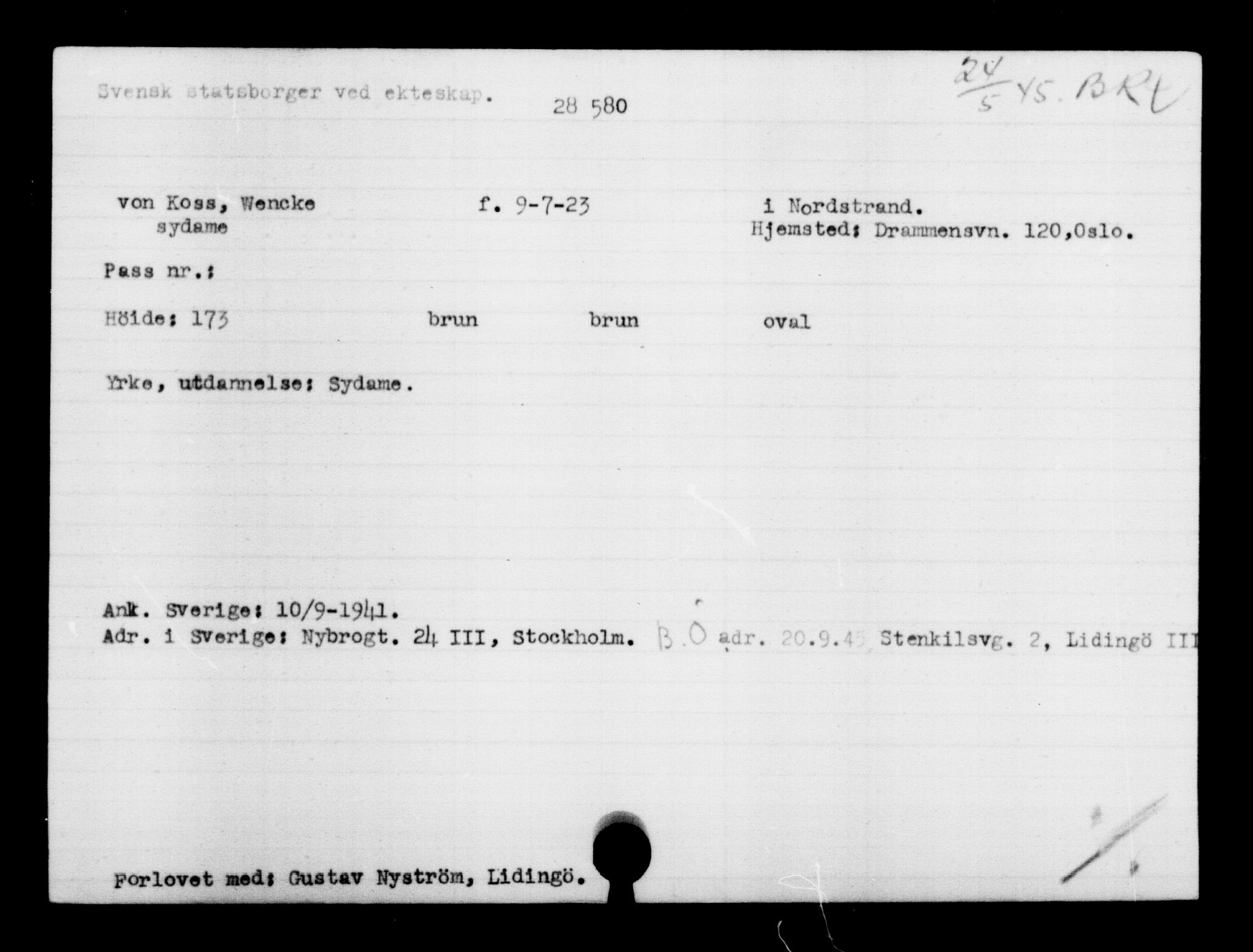 Utenriksstasjonene, Legasjonen i Stockholm, Flyktningkontoret, AV/RA-S-6753/V/Va/L0012: Kjesäterkartoteket, flyktninger med registreringsnr. 28300-31566, 1940-1945, s. 302