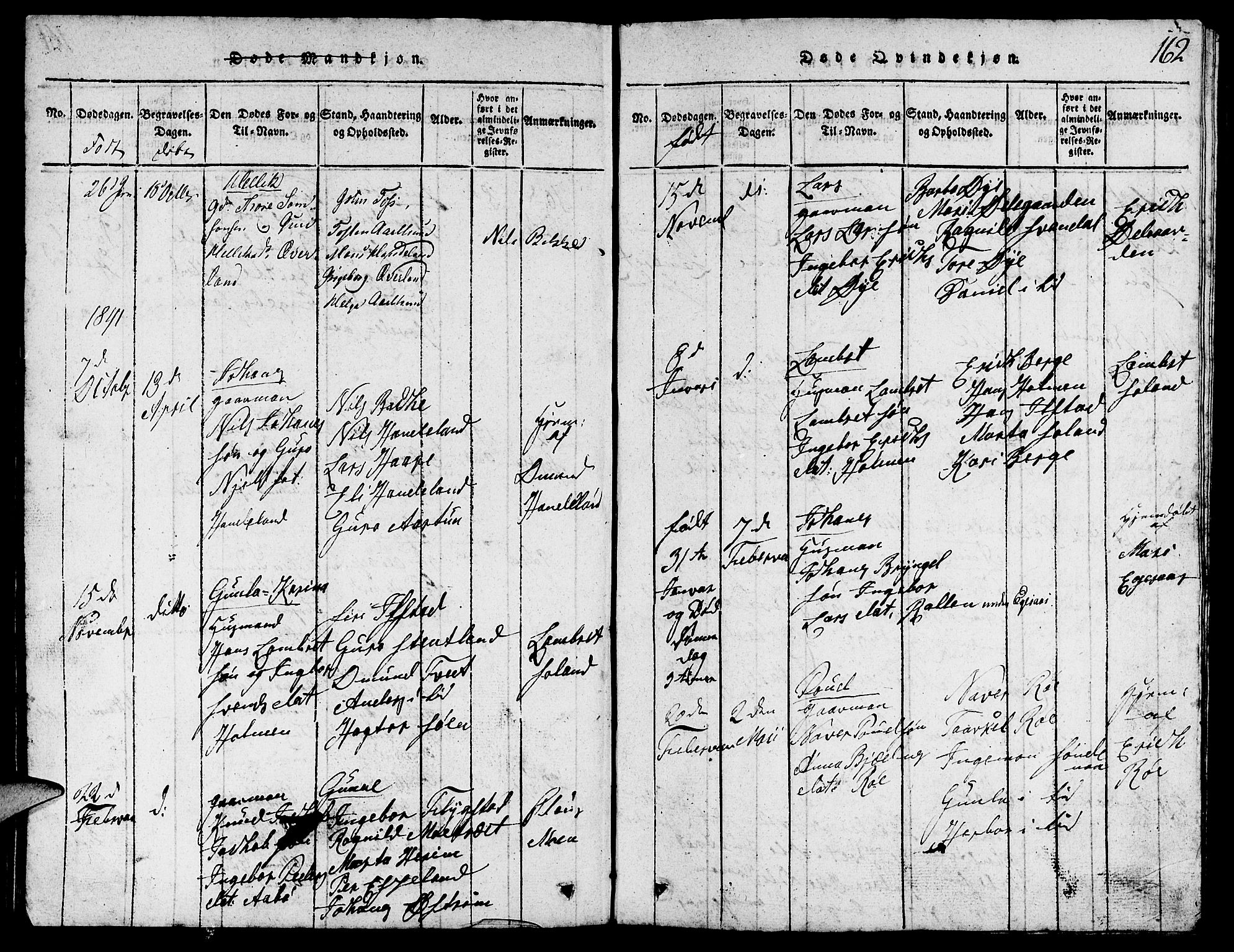 Suldal sokneprestkontor, AV/SAST-A-101845/01/V/L0002: Klokkerbok nr. B 2, 1816-1845, s. 162