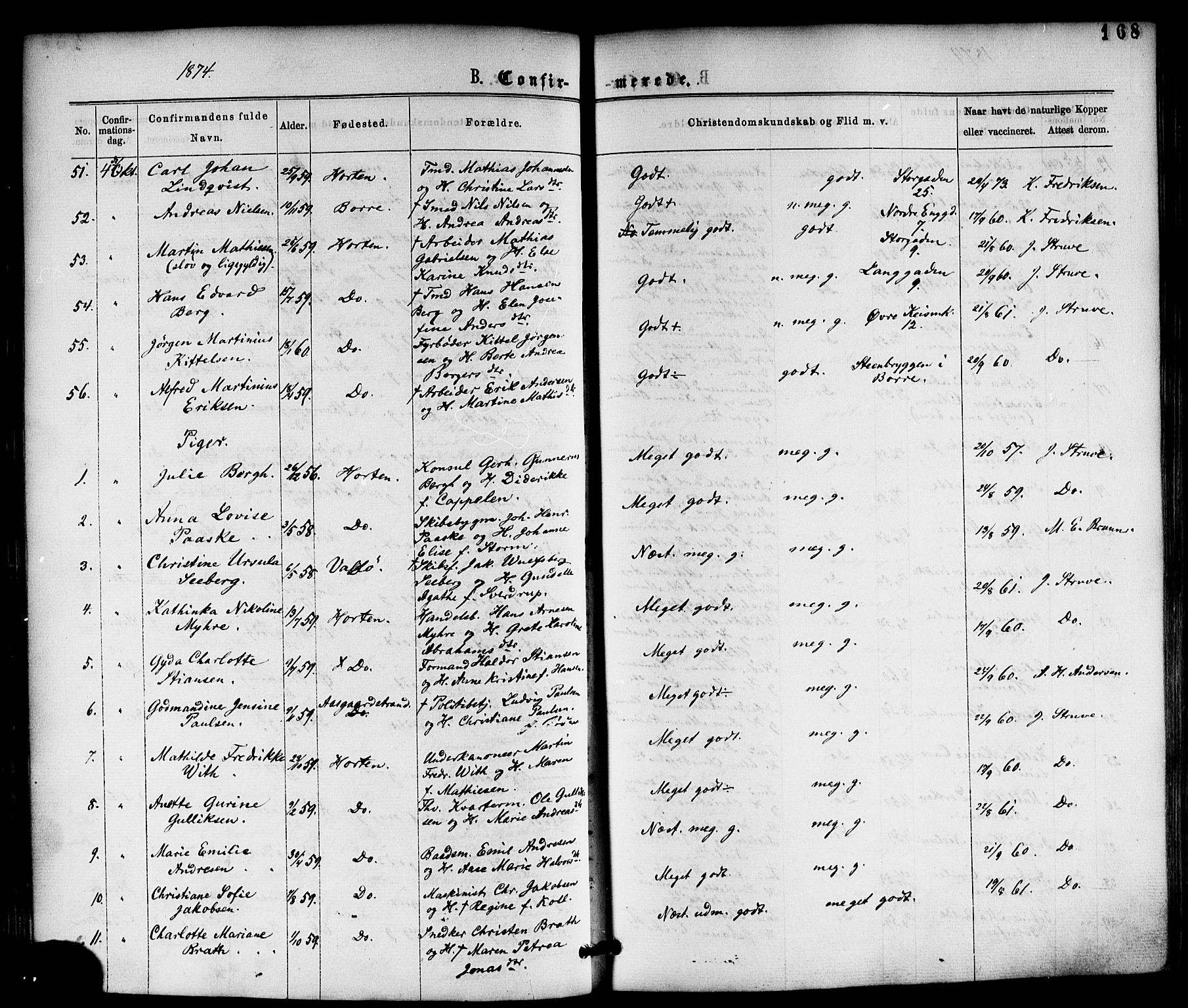 Horten kirkebøker, AV/SAKO-A-348/F/Fa/L0002: Ministerialbok nr. 2, 1872-1877, s. 168