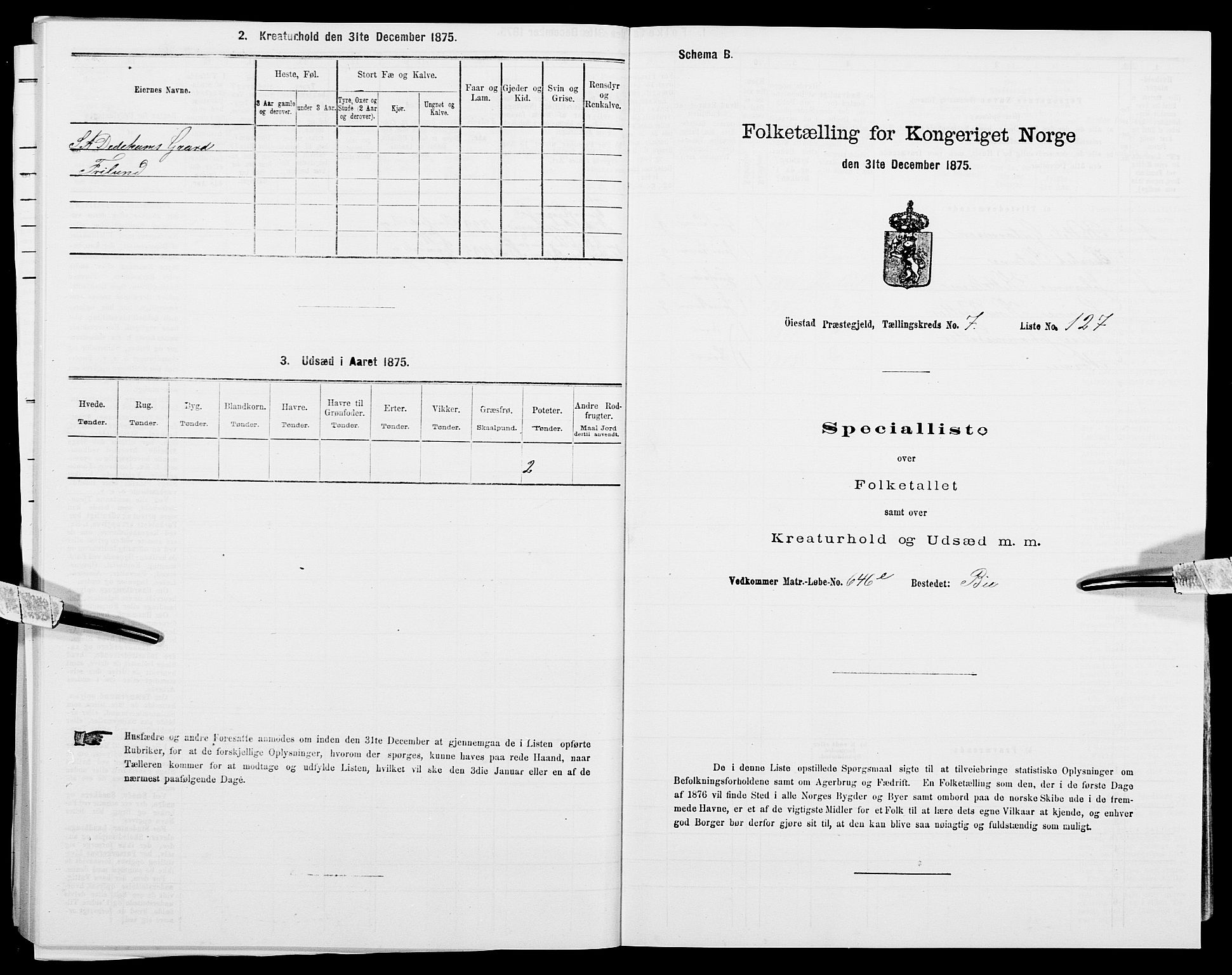 SAK, Folketelling 1875 for 0920P Øyestad prestegjeld, 1875, s. 1101