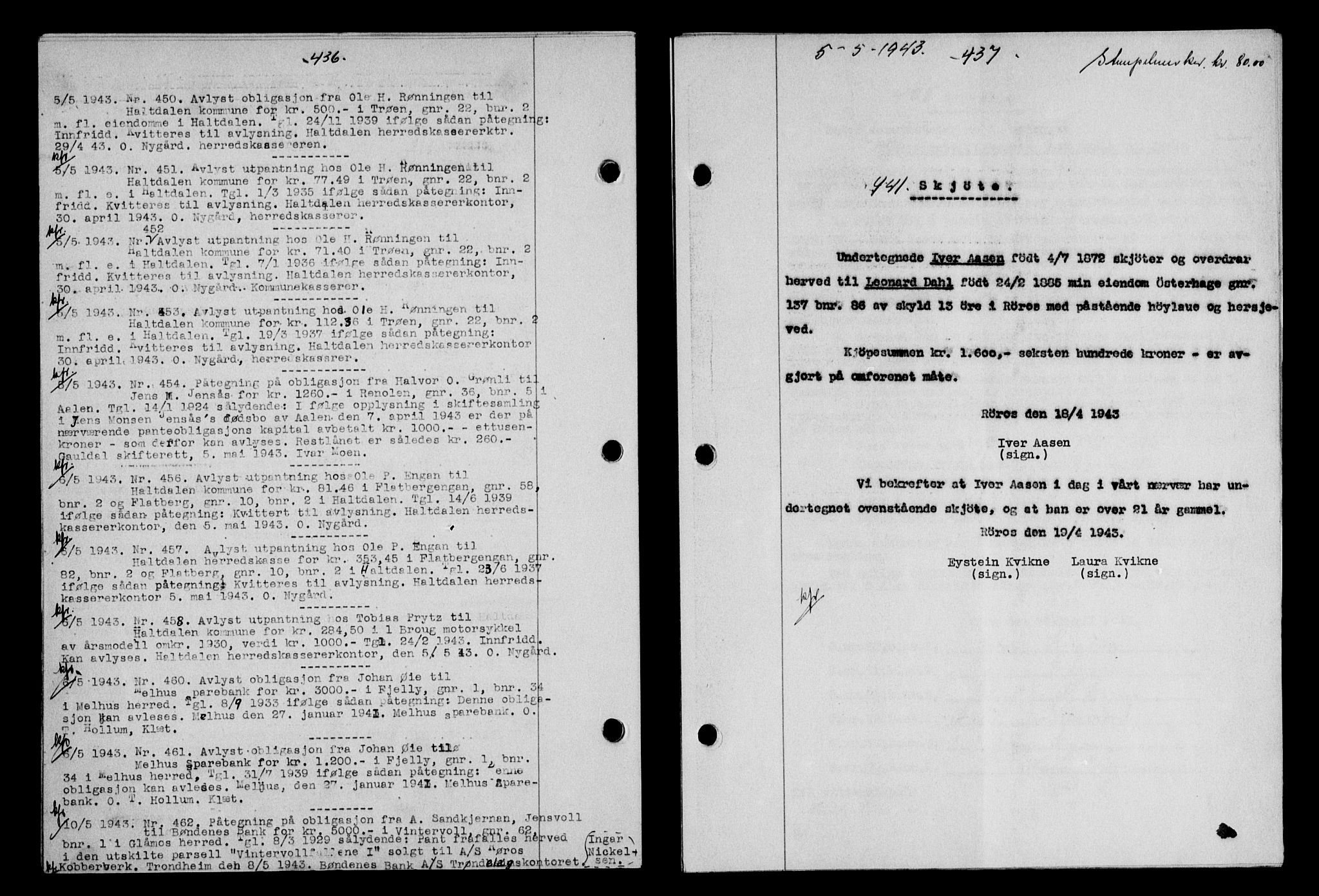 Gauldal sorenskriveri, SAT/A-0014/1/2/2C/L0056: Pantebok nr. 61, 1942-1943, Dagboknr: 441/1943