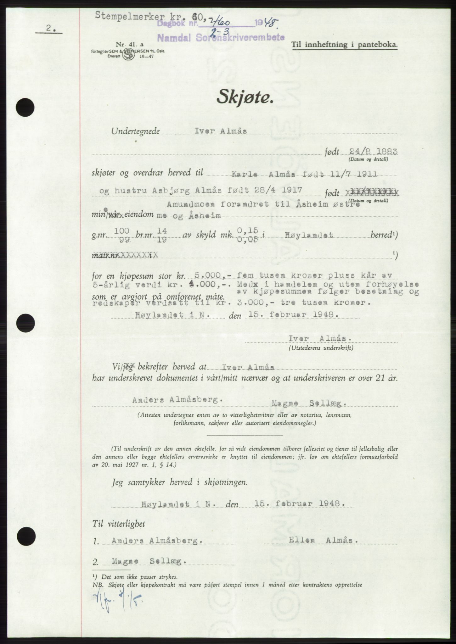 Namdal sorenskriveri, SAT/A-4133/1/2/2C: Pantebok nr. -, 1947-1948, Dagboknr: 460/1948