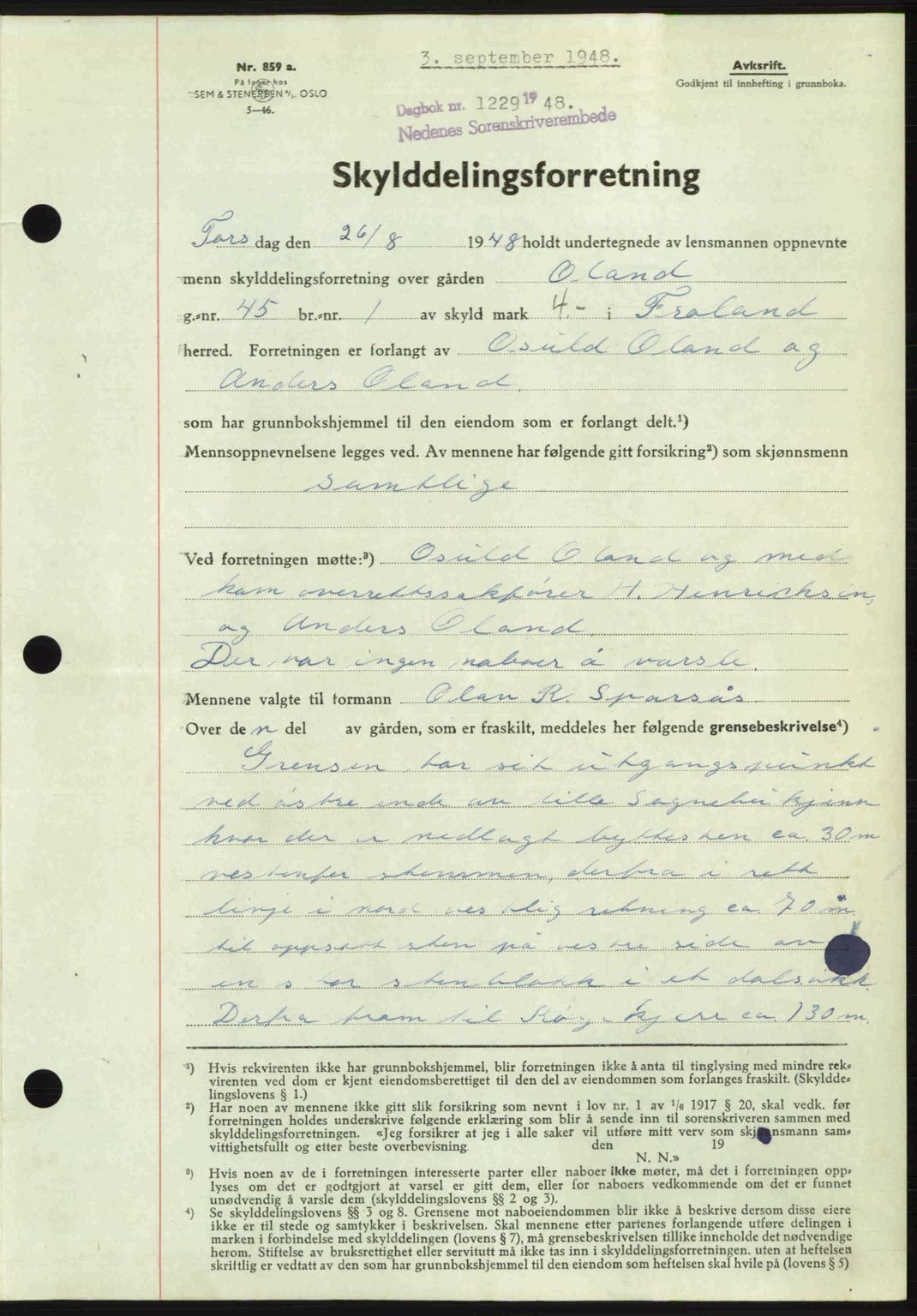Nedenes sorenskriveri, SAK/1221-0006/G/Gb/Gba/L0059: Pantebok nr. A11, 1948-1948, Dagboknr: 1229/1948