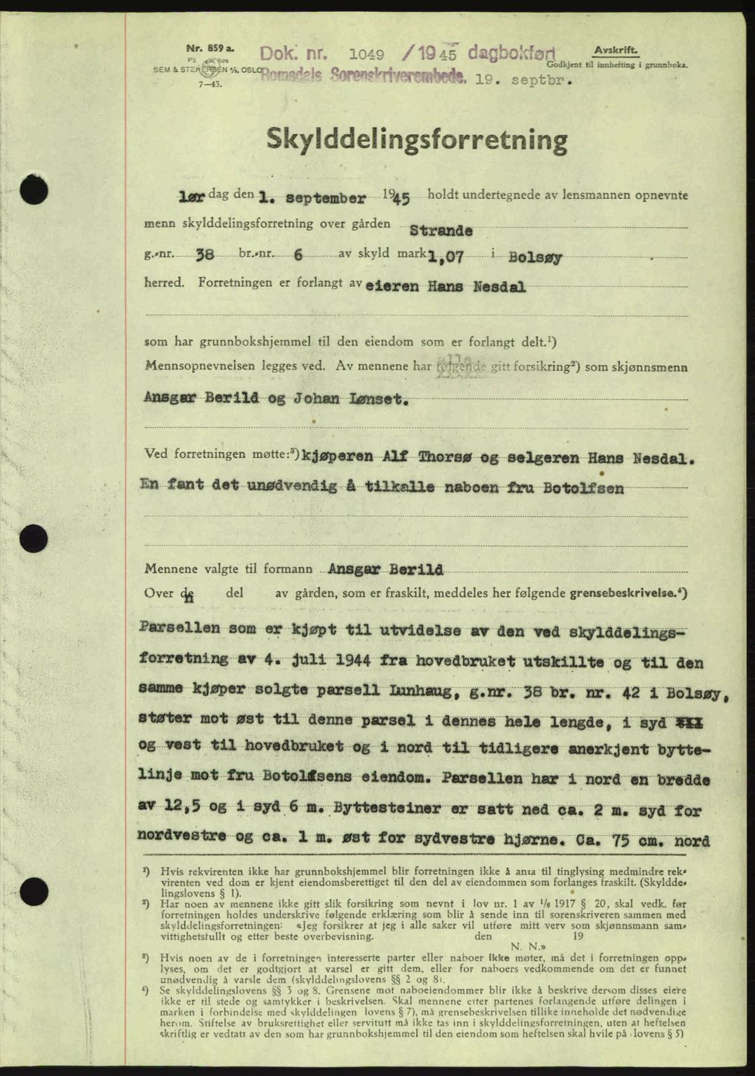 Romsdal sorenskriveri, SAT/A-4149/1/2/2C: Pantebok nr. A18, 1945-1945, Dagboknr: 1049/1945