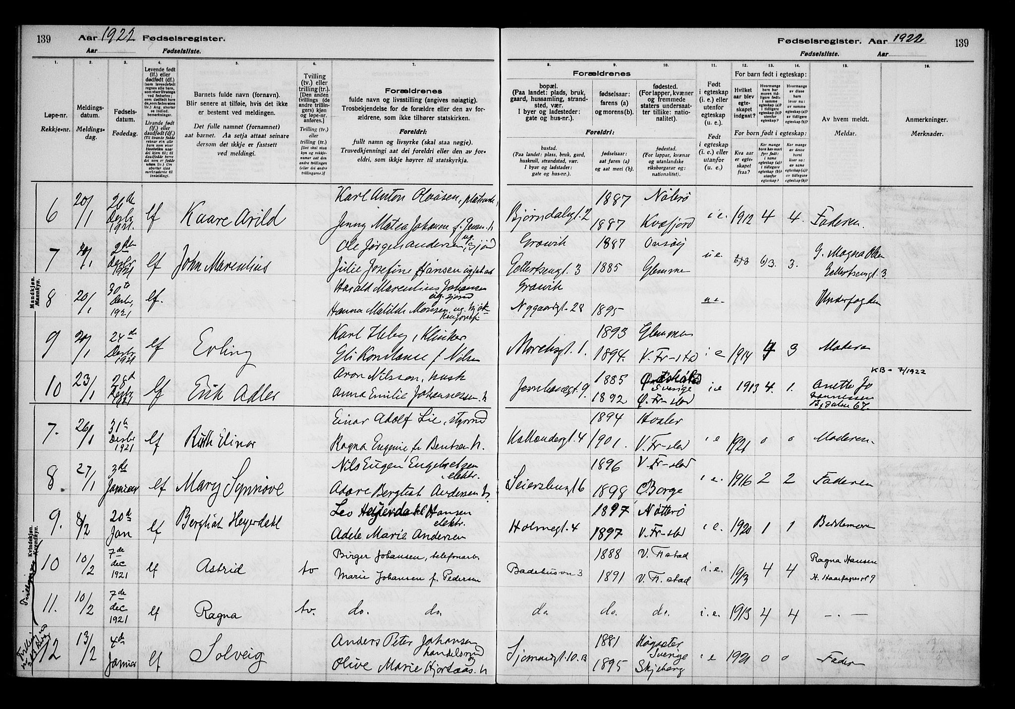 Fredrikstad domkirkes prestekontor Kirkebøker, AV/SAO-A-10906/J/*Ja/L0001: Fødselsregister nr. 1, 1916-1925, s. 139