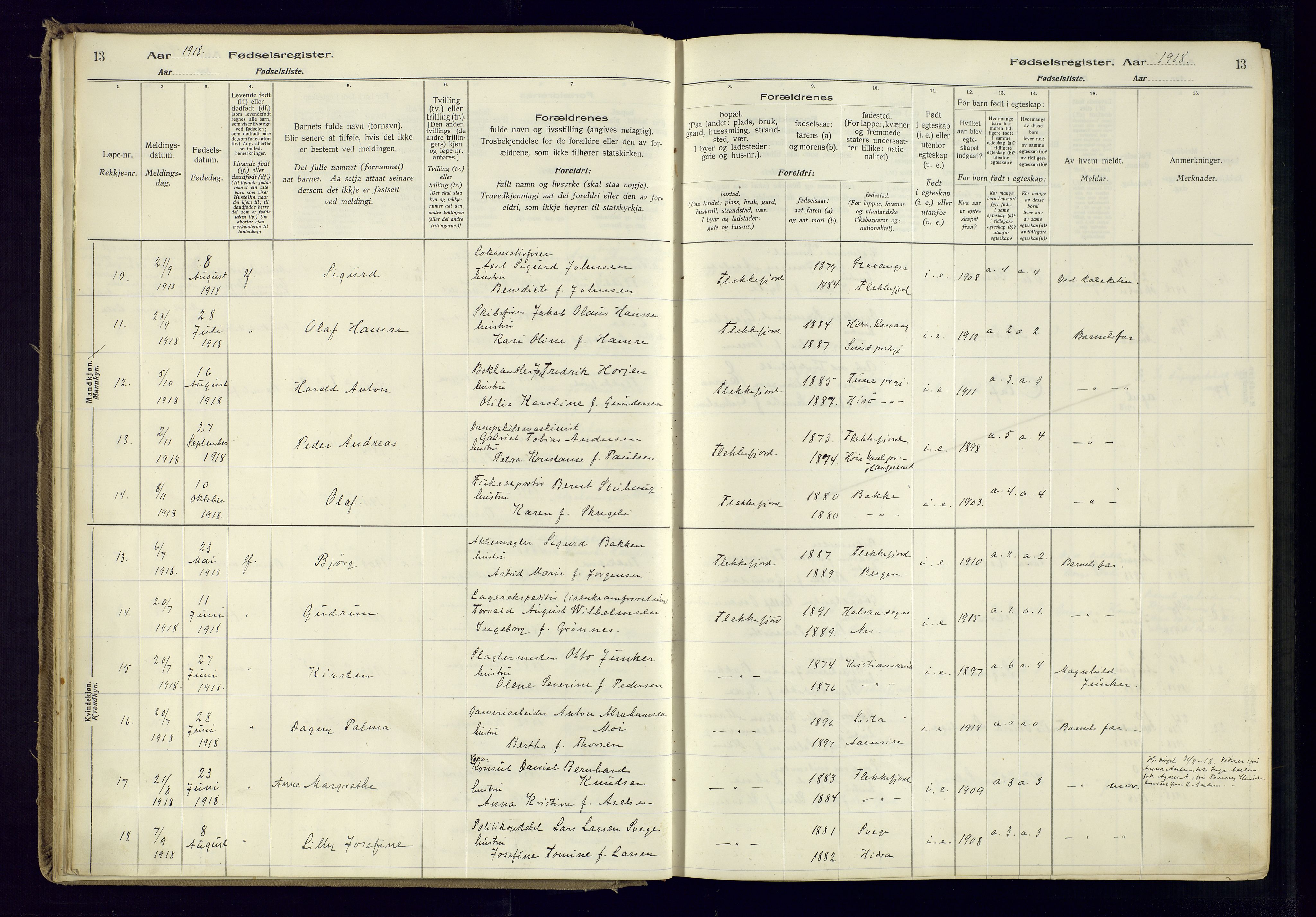 Flekkefjord sokneprestkontor, AV/SAK-1111-0012/J/Ja/L0001: Fødselsregister nr. 1, 1916-1948, s. 13