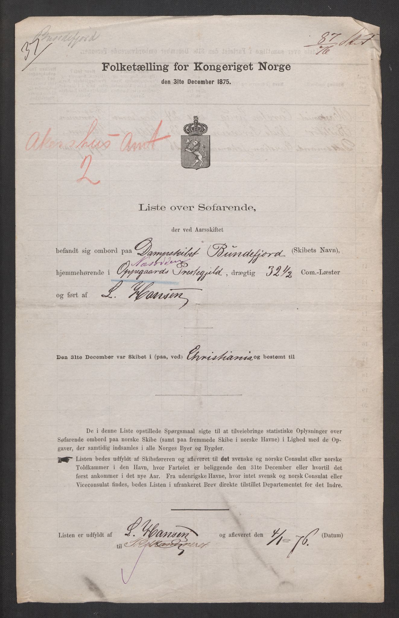 RA, Folketelling 1875, skipslister: Skip i innenrikske havner, hjemmehørende i 1) landdistrikter, 2) forskjellige steder, 3) utlandet, 1875, s. 2