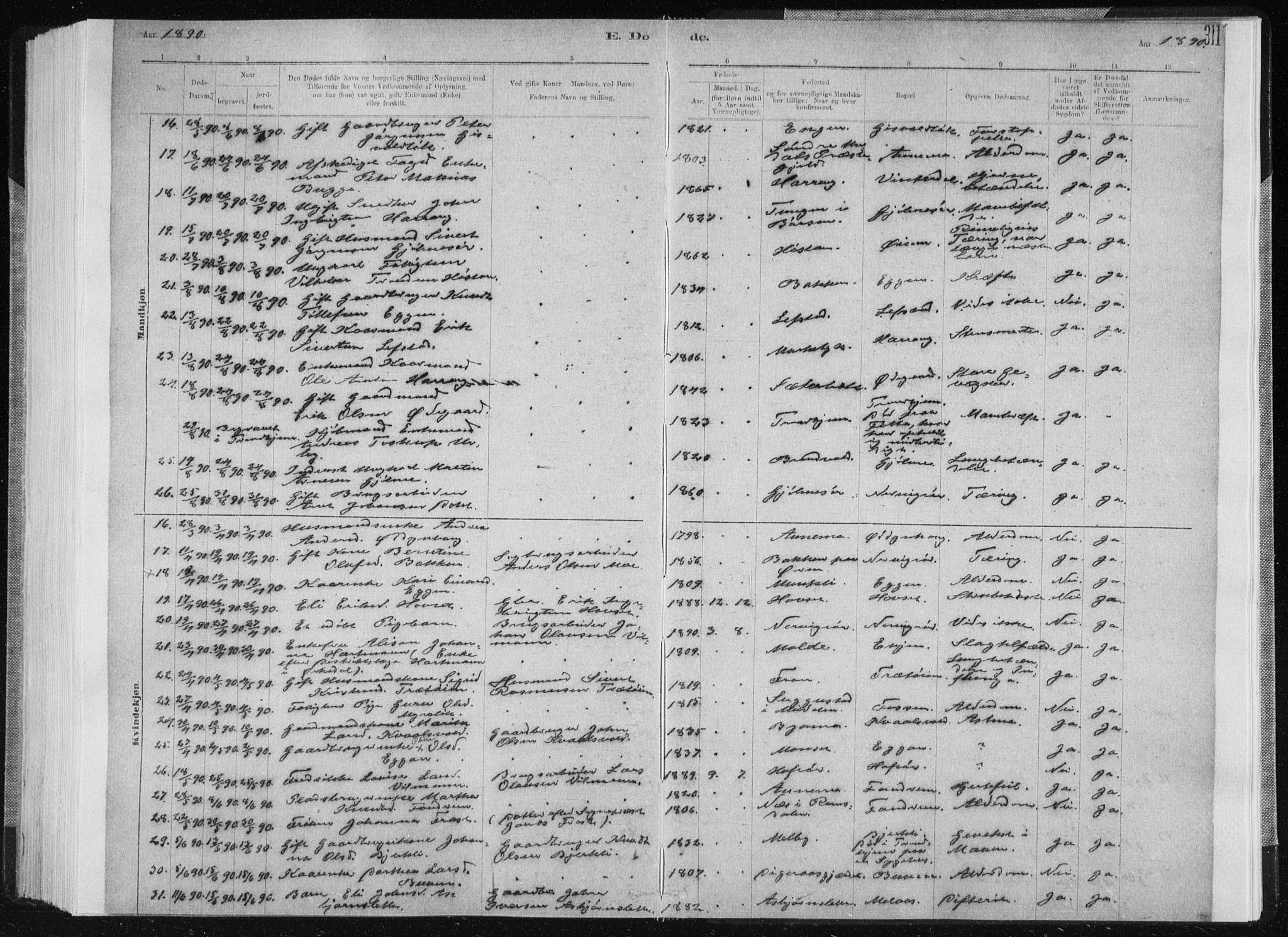 Ministerialprotokoller, klokkerbøker og fødselsregistre - Sør-Trøndelag, AV/SAT-A-1456/668/L0818: Klokkerbok nr. 668C07, 1885-1898, s. 311