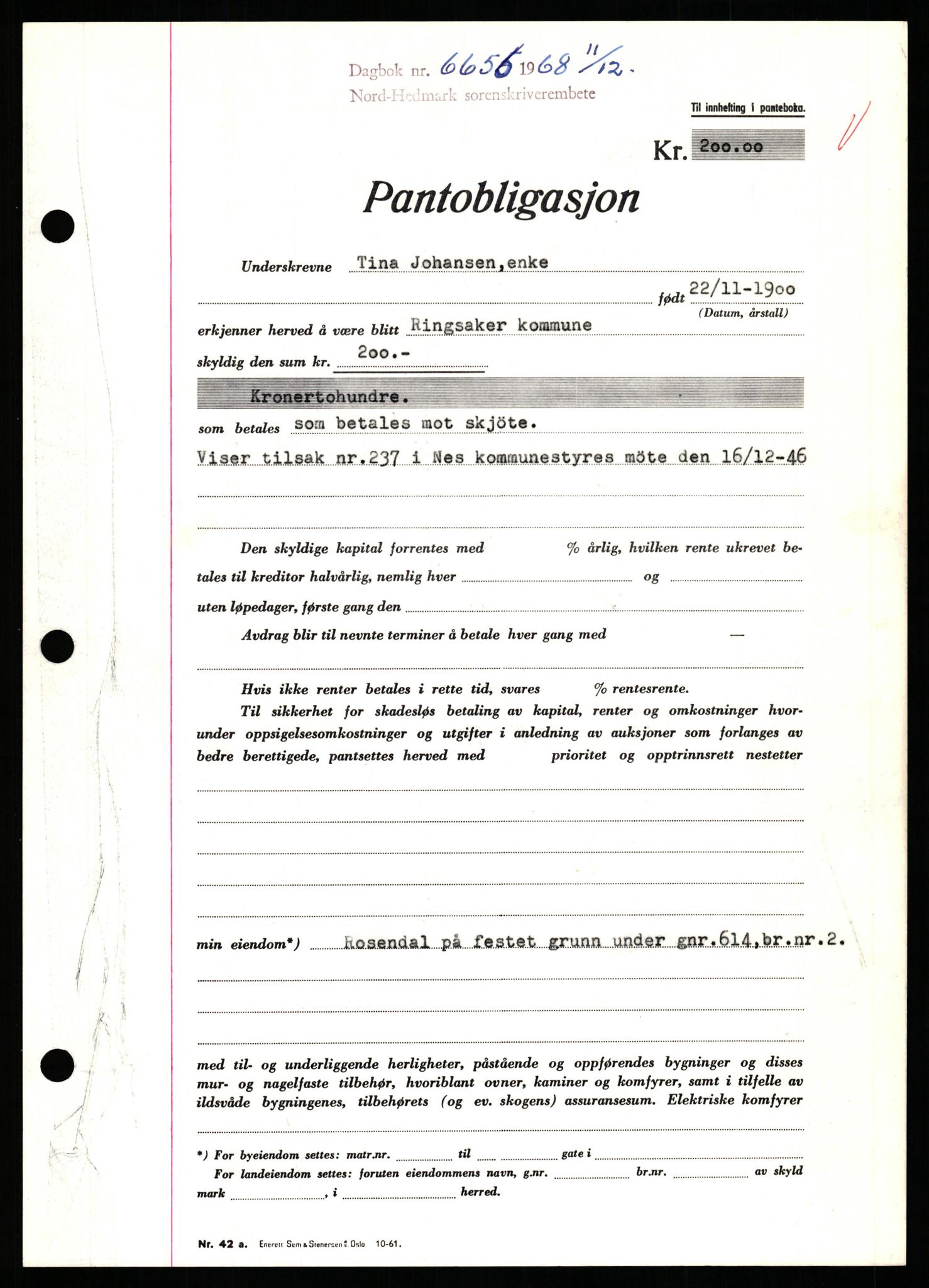 Nord-Hedmark sorenskriveri, SAH/TING-012/H/Hb/Hbf/L0077: Pantebok nr. B77, 1968-1969, Dagboknr: 6656/1968
