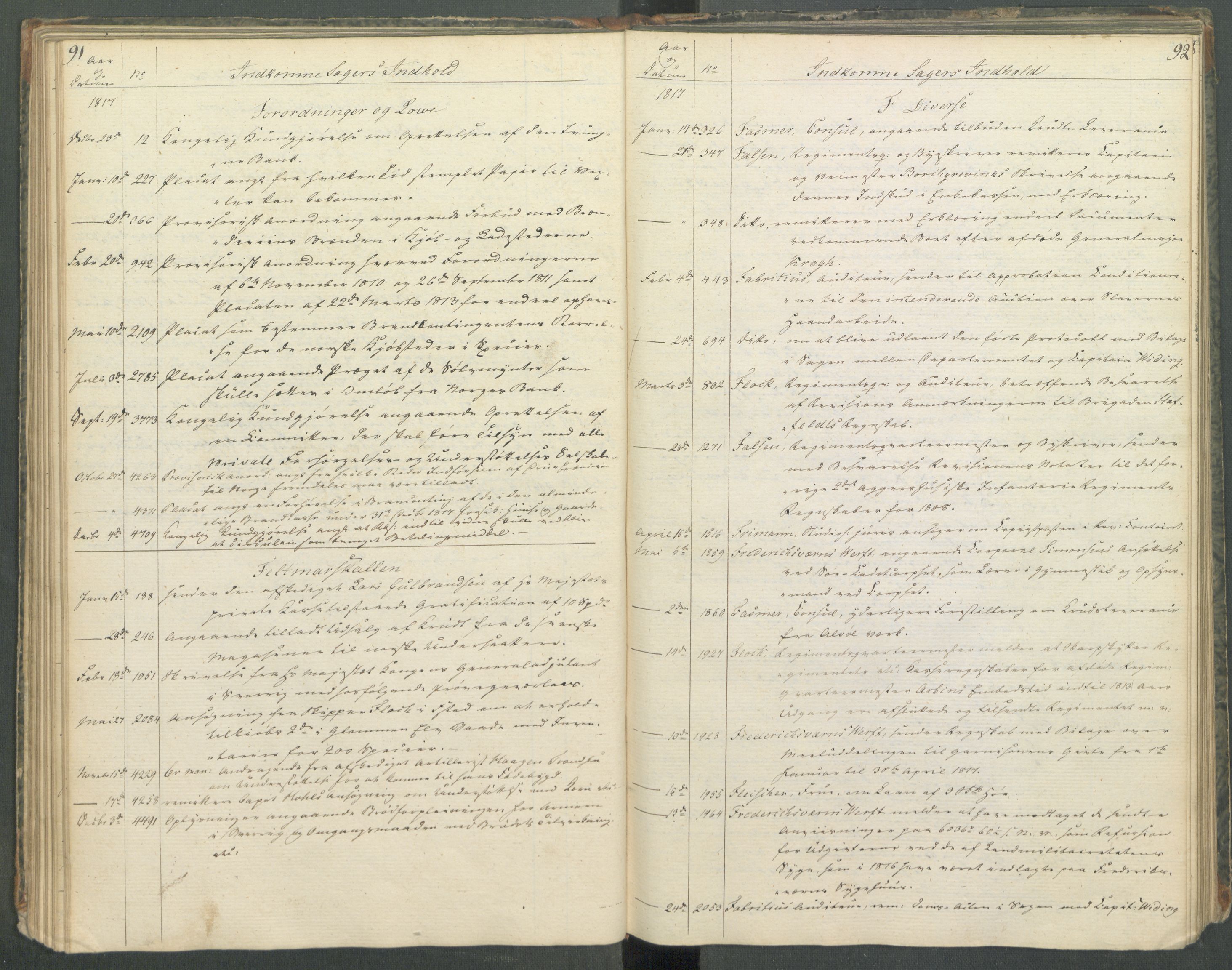 Armédepartementet, AV/RA-RAFA-3493/C/Ca/L0013: 6. Departements register over innkomne saker, 1817, s. 91-92