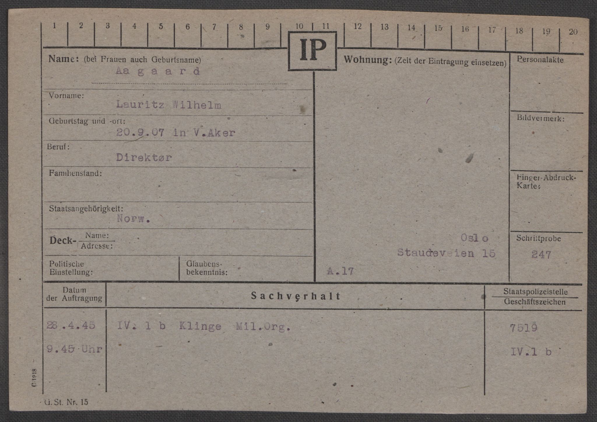 Befehlshaber der Sicherheitspolizei und des SD, RA/RAFA-5969/E/Ea/Eaa/L0010: Register over norske fanger i Møllergata 19: Sø-Å, 1940-1945, s. 1384