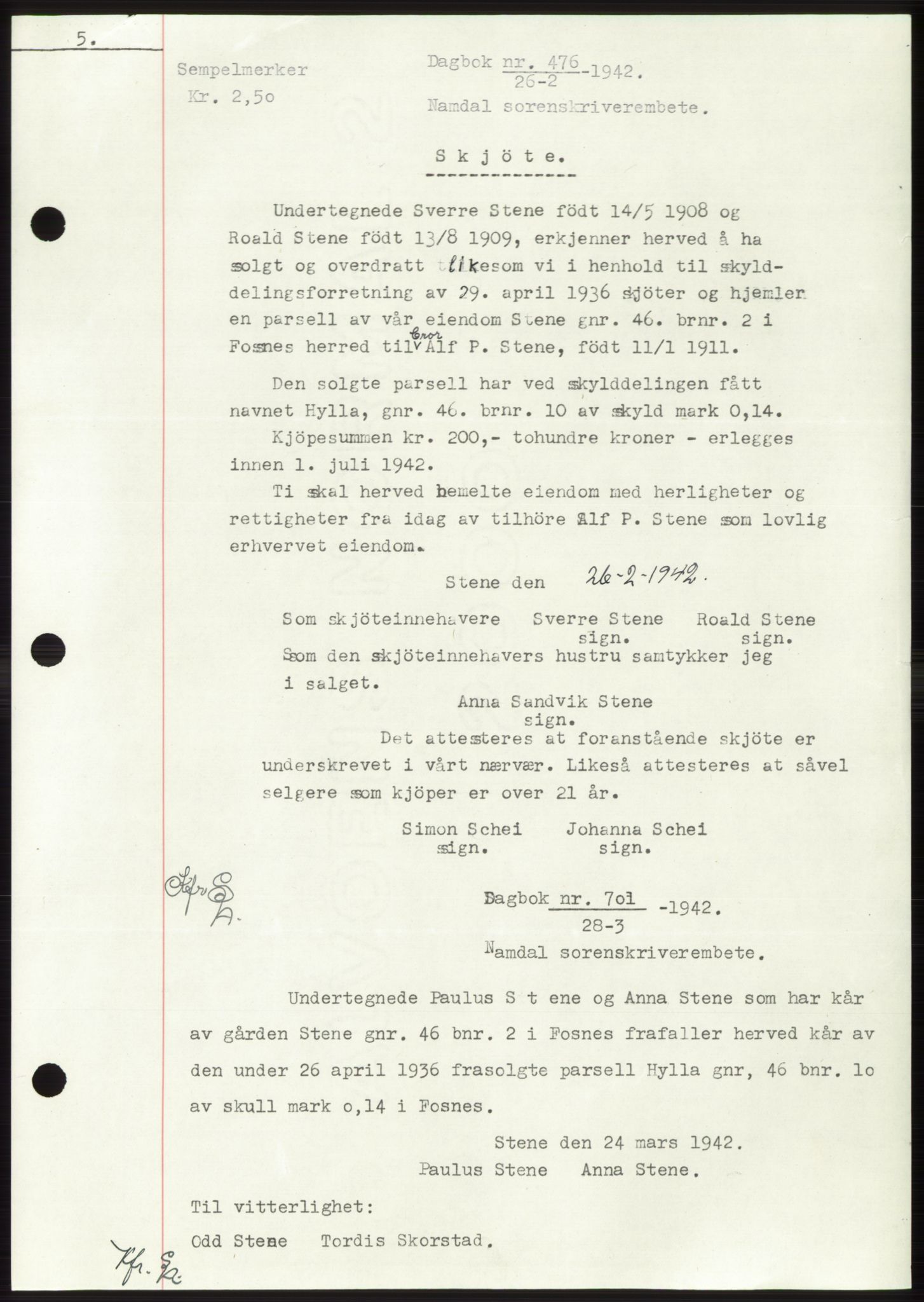 Namdal sorenskriveri, SAT/A-4133/1/2/2C: Pantebok nr. -, 1941-1942, Dagboknr: 476/1942