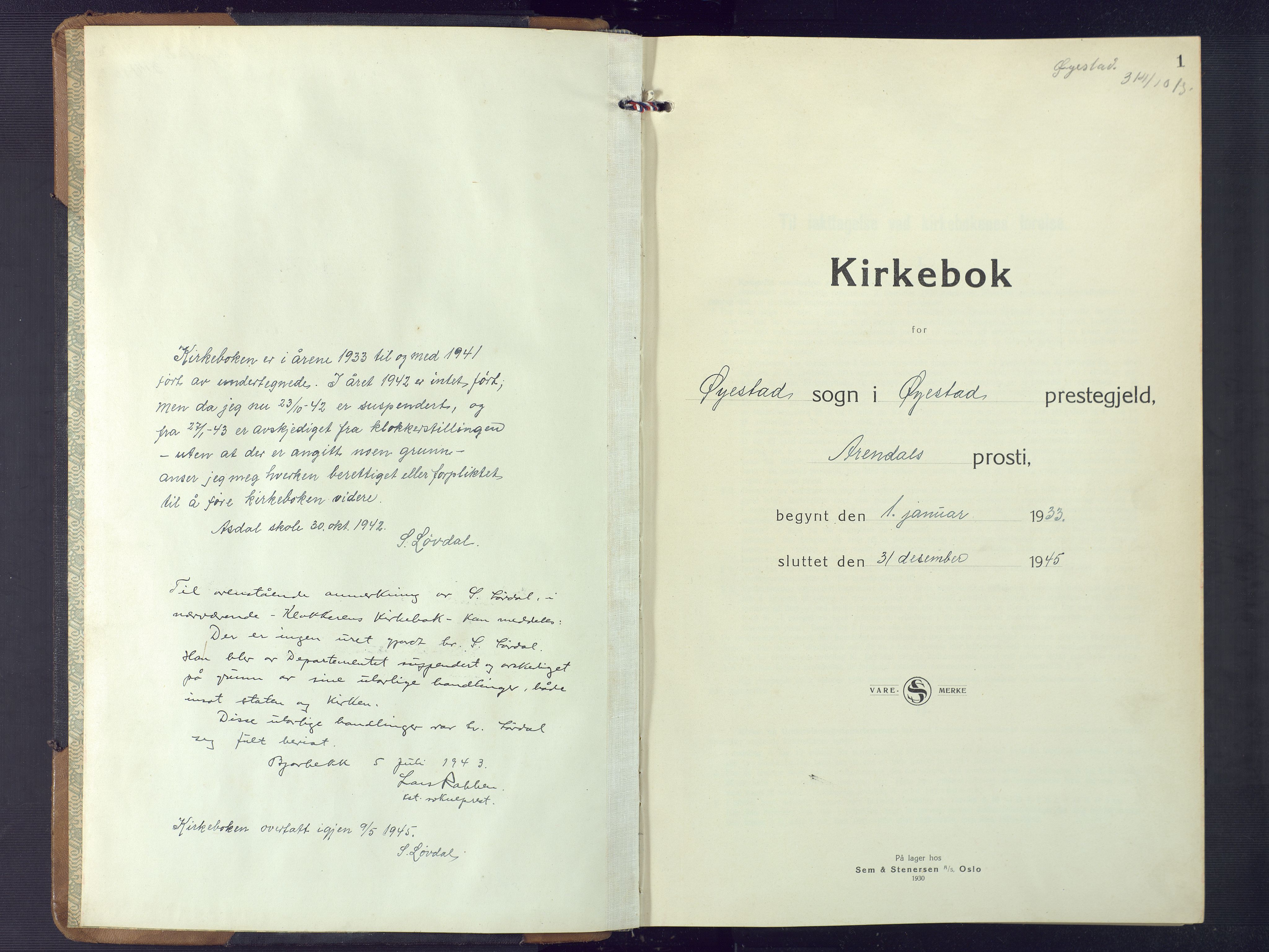 Øyestad sokneprestkontor, AV/SAK-1111-0049/F/Fb/L0013: Klokkerbok nr. B 13, 1933-1945, s. 1