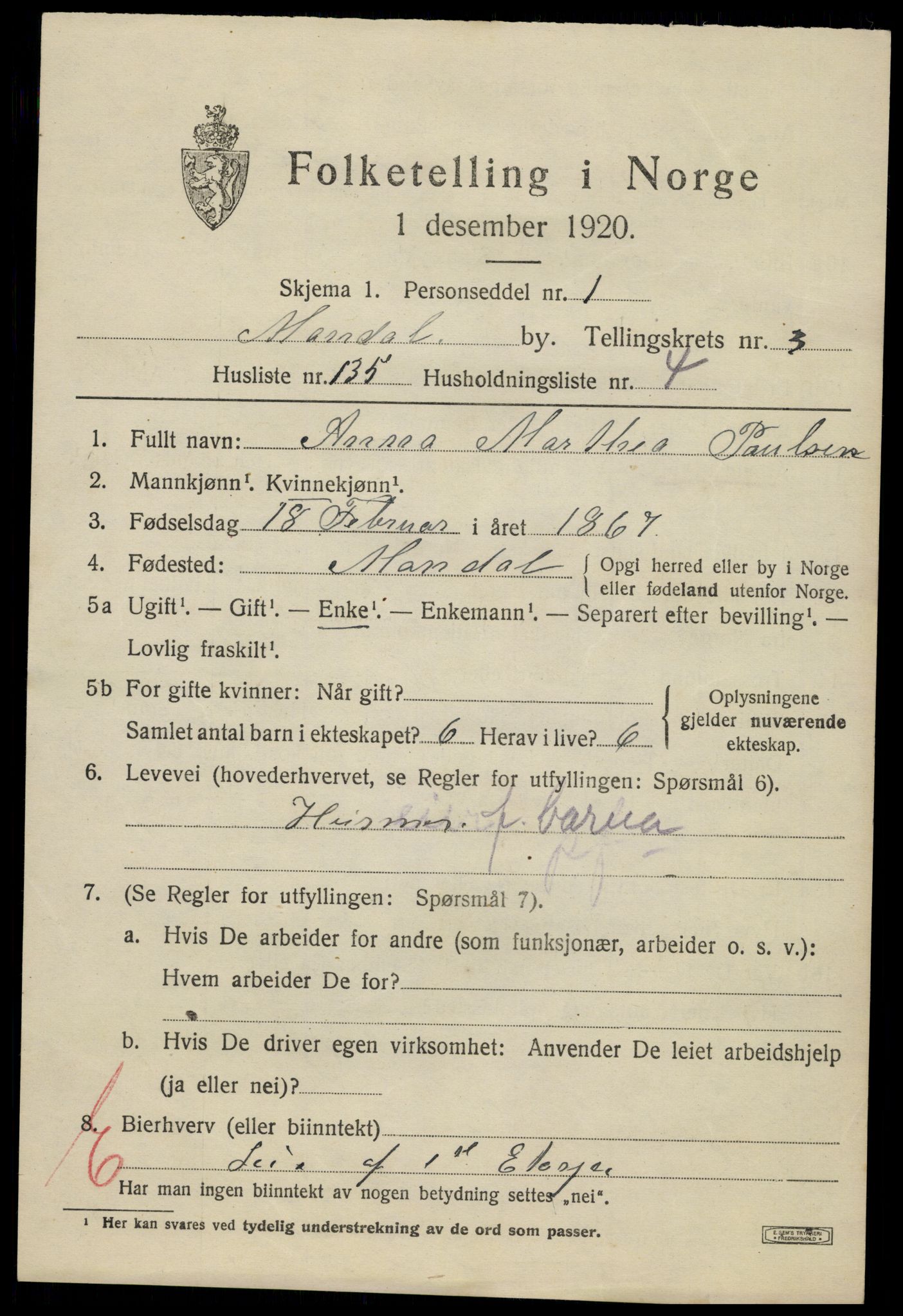 SAK, Folketelling 1920 for 1002 Mandal ladested, 1920, s. 7011