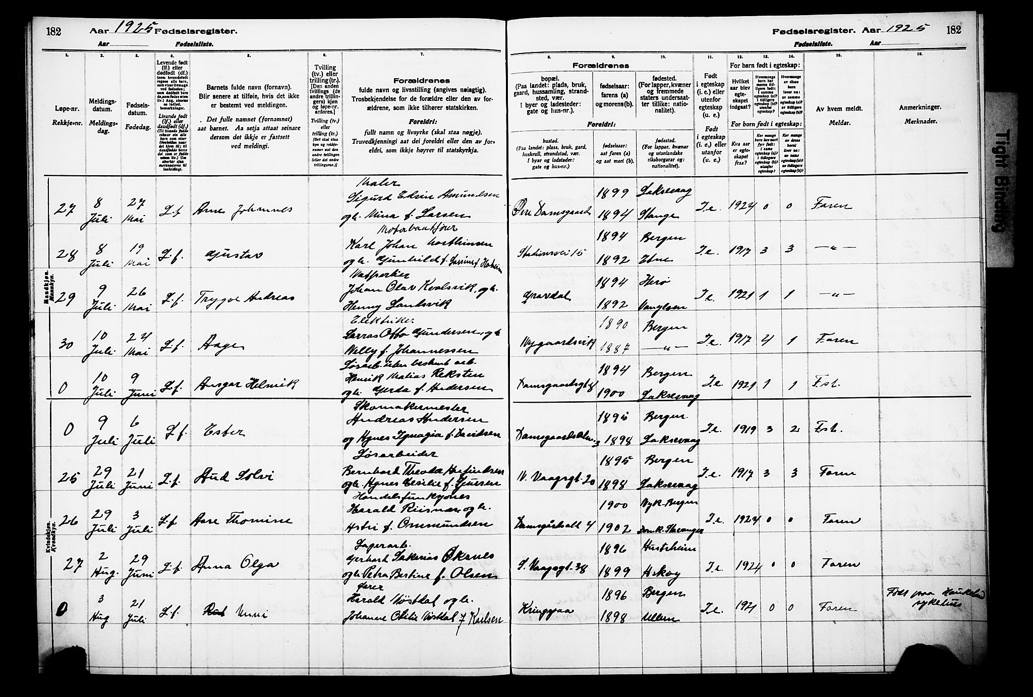 Laksevåg Sokneprestembete, AV/SAB-A-76501/I/Id/L00A1: Fødselsregister nr. A 1, 1916-1926, s. 182