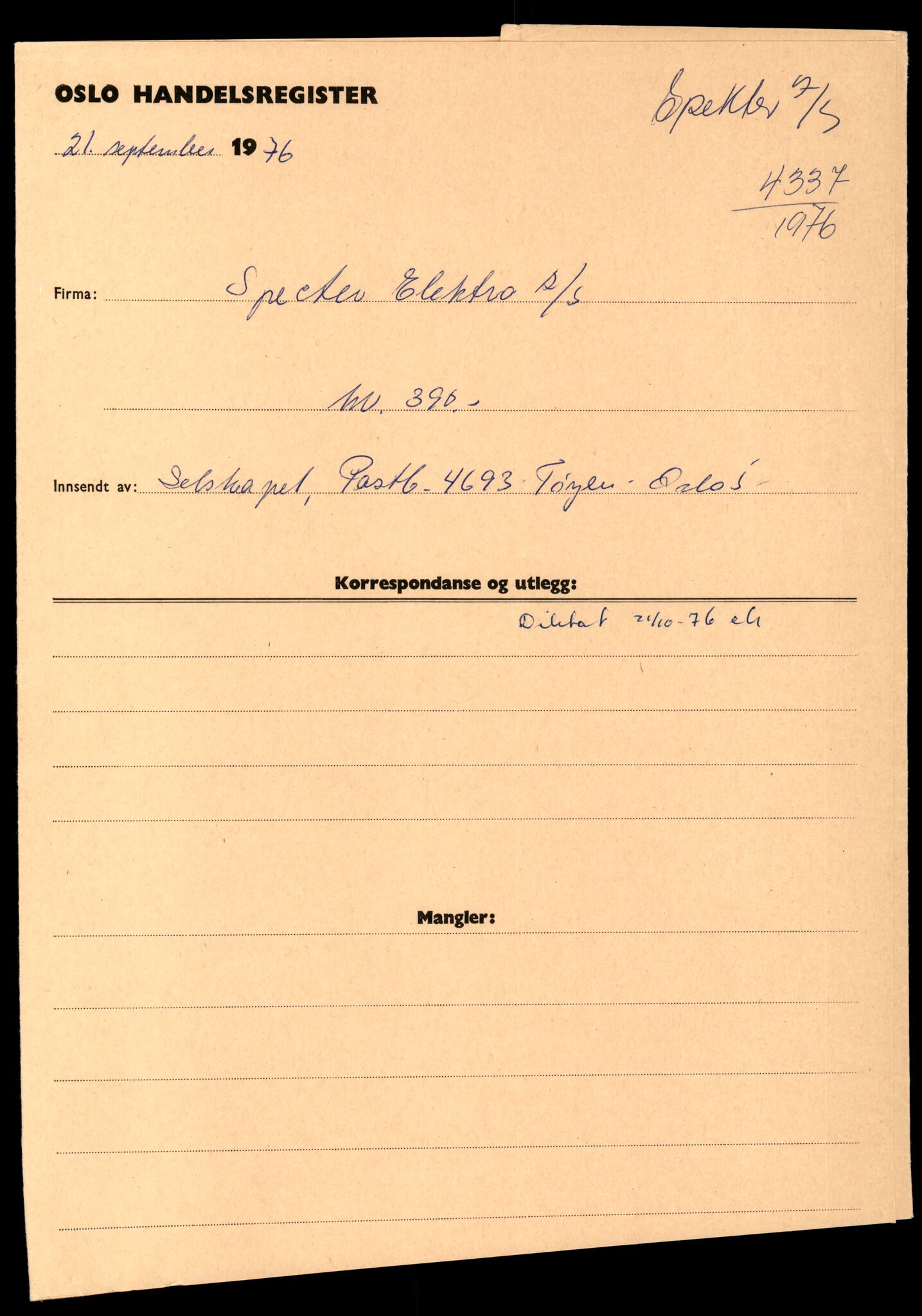 Oslo byfogd, Handelsregisteret, SAT/A-10867/G/Gc/Gca/L0766: Ikke konverterte foretak, Spe-Spi, 1890-1990, s. 1