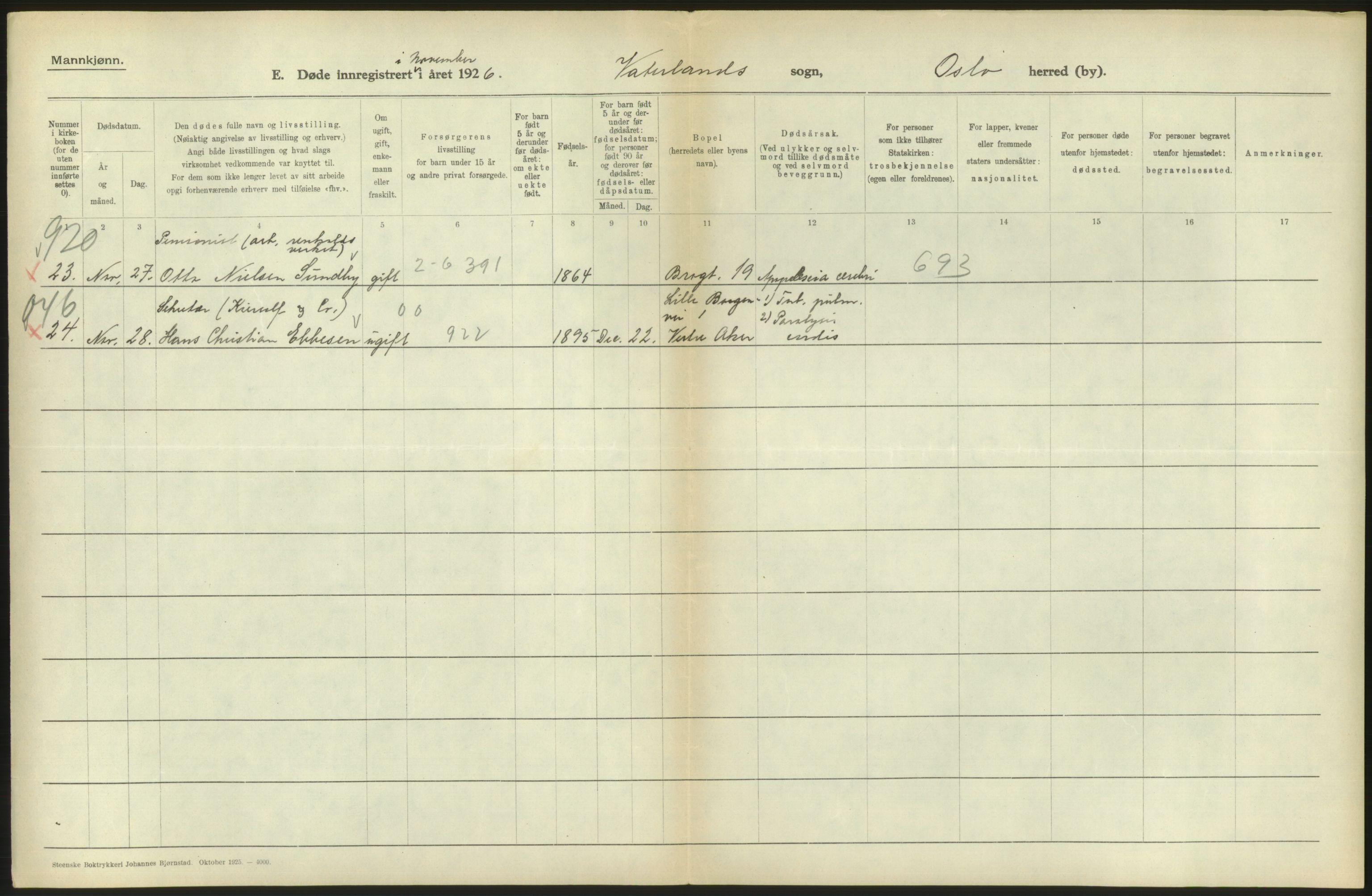 Statistisk sentralbyrå, Sosiodemografiske emner, Befolkning, AV/RA-S-2228/D/Df/Dfc/Dfcf/L0009: Oslo: Døde menn, 1926, s. 476