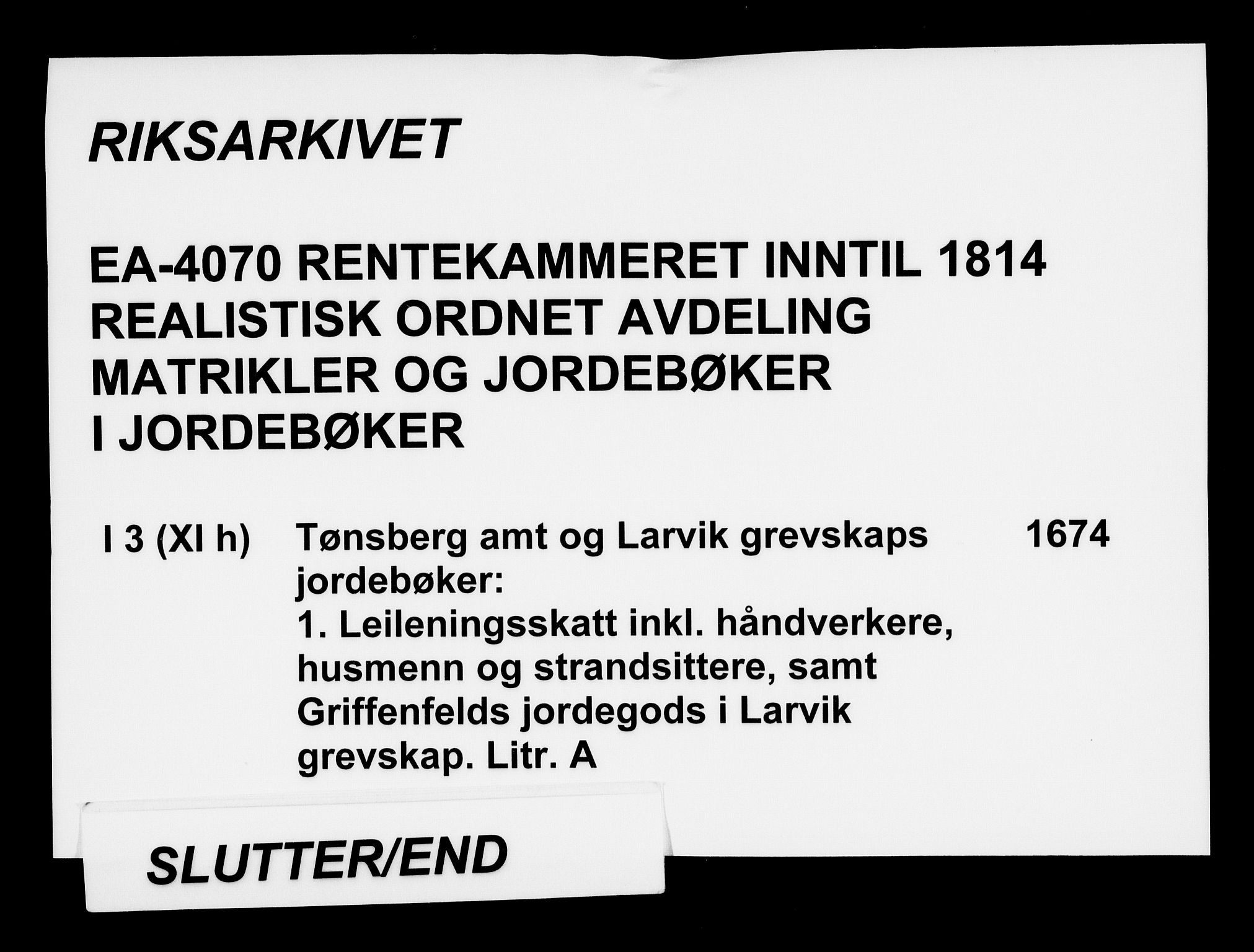 Rentekammeret inntil 1814, Realistisk ordnet avdeling, AV/RA-EA-4070/N/Na/L0003/0001: [XI h]: Tønsbergs amt og Larvik grevskaps jordebøker: / (A) Leilendigsskatt inkl. håndverkere, husmenn og strandsittere, samt Griffenfelds jordegods i Larvik grevskap., 1674