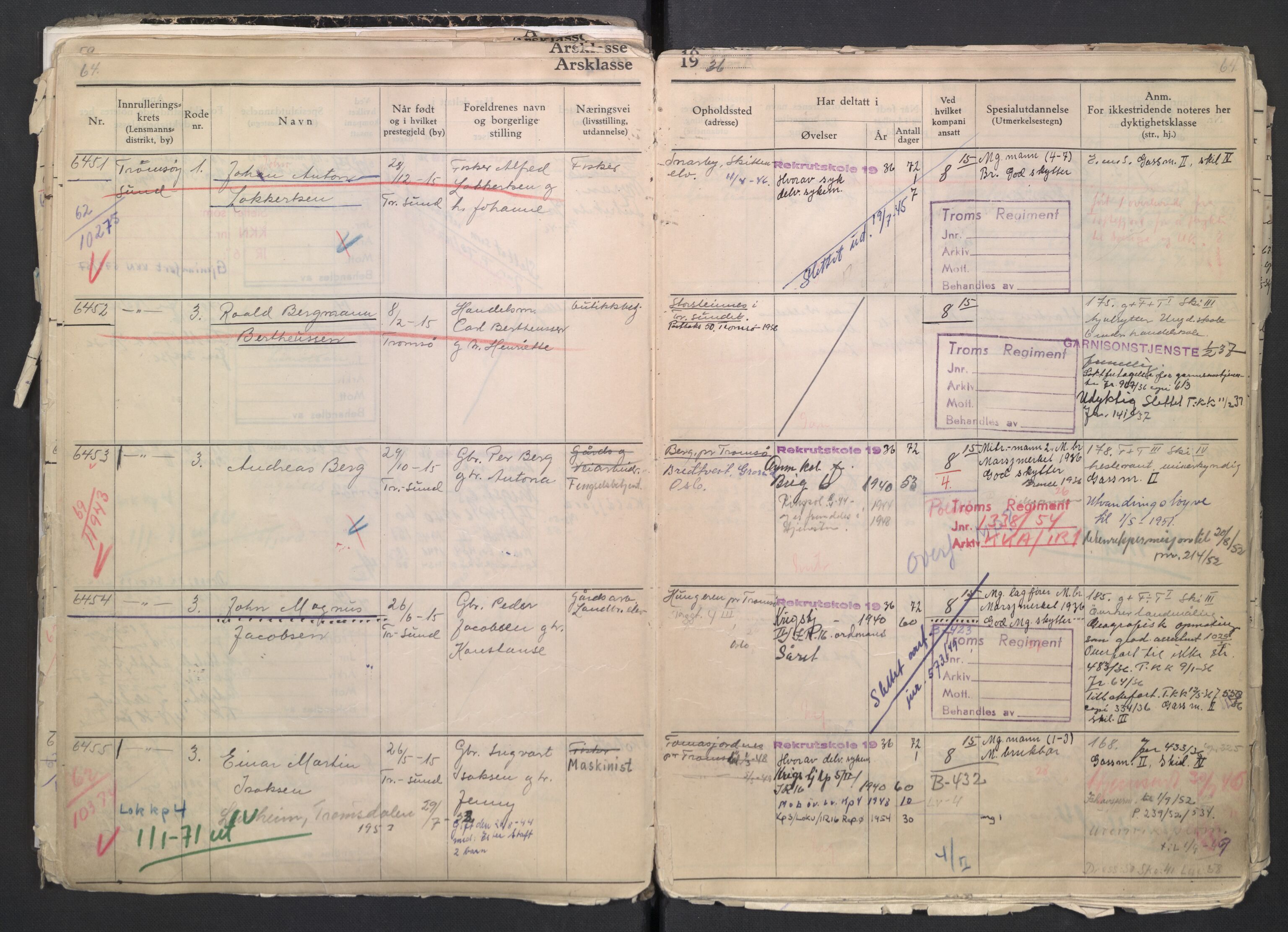 Forsvaret, Troms infanteriregiment nr. 16, AV/RA-RAFA-3146/P/Pa/L0007/0001: Ruller / Rulle for regimentets menige mannskaper, årsklasse 1936, 1936, s. 64