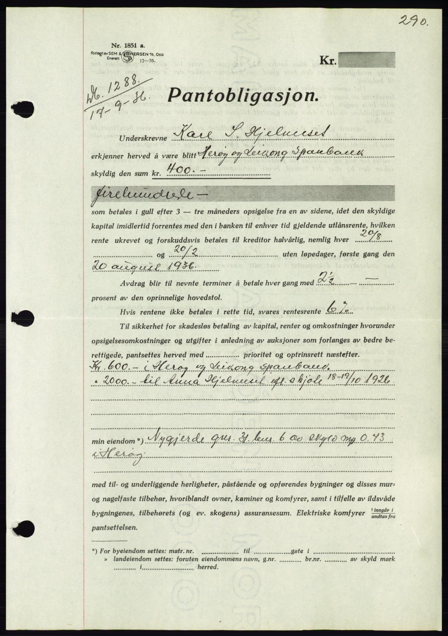 Søre Sunnmøre sorenskriveri, SAT/A-4122/1/2/2C/L0061: Pantebok nr. 55, 1936-1936, Dagboknr: 1288/1936