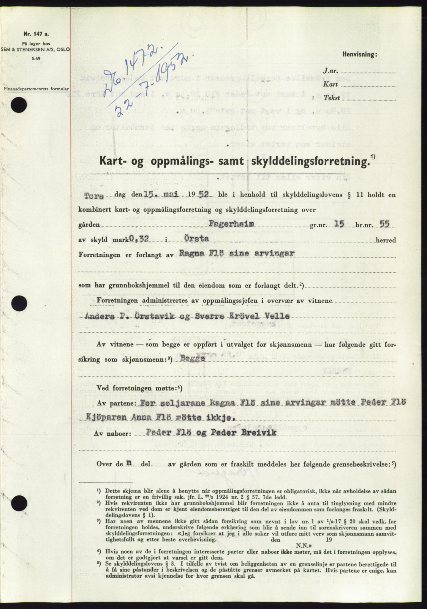 Søre Sunnmøre sorenskriveri, AV/SAT-A-4122/1/2/2C/L0092: Pantebok nr. 18A, 1952-1952, Dagboknr: 1472/1952