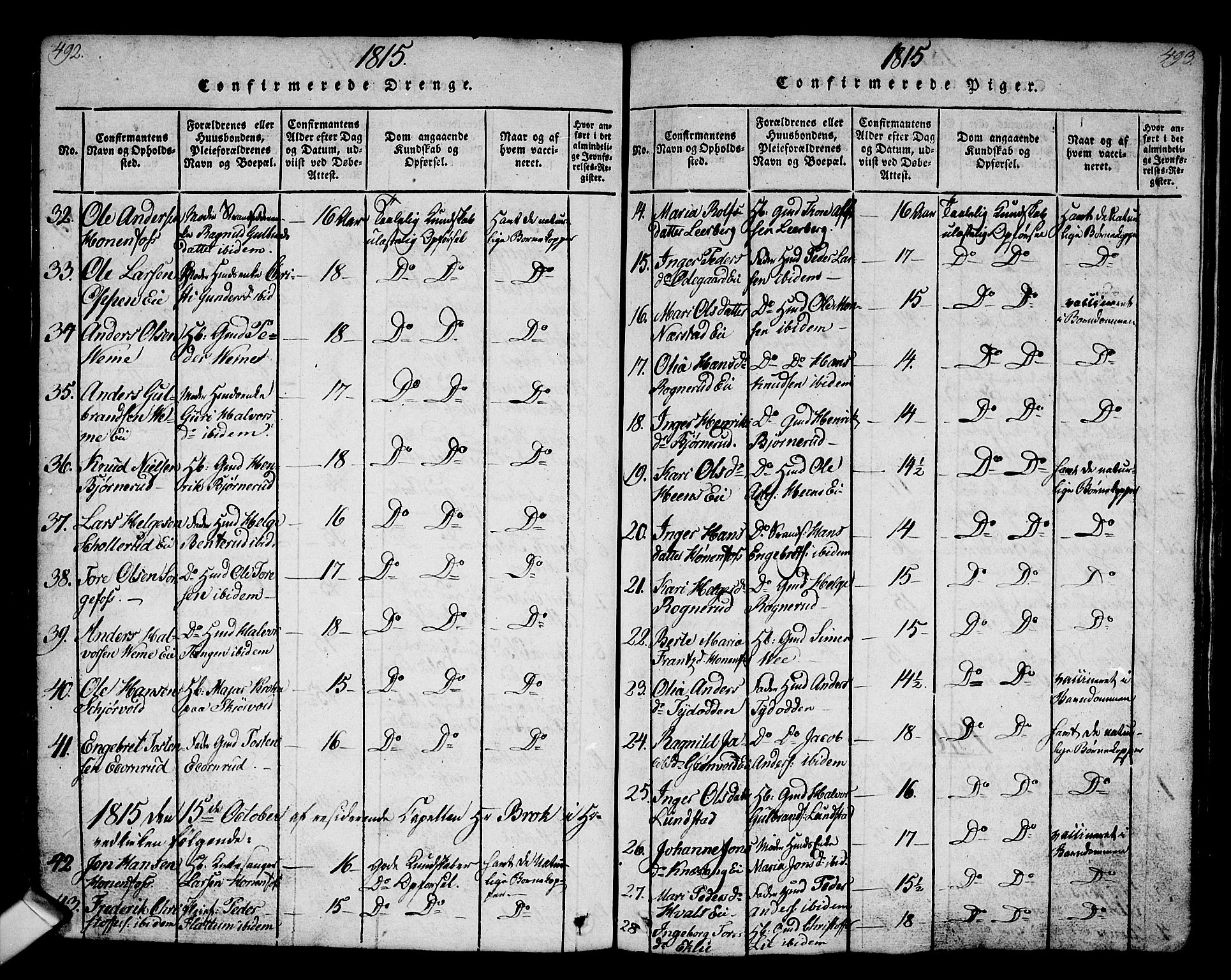 Norderhov kirkebøker, AV/SAKO-A-237/G/Ga/L0002: Klokkerbok nr. I 2, 1814-1867, s. 492-493