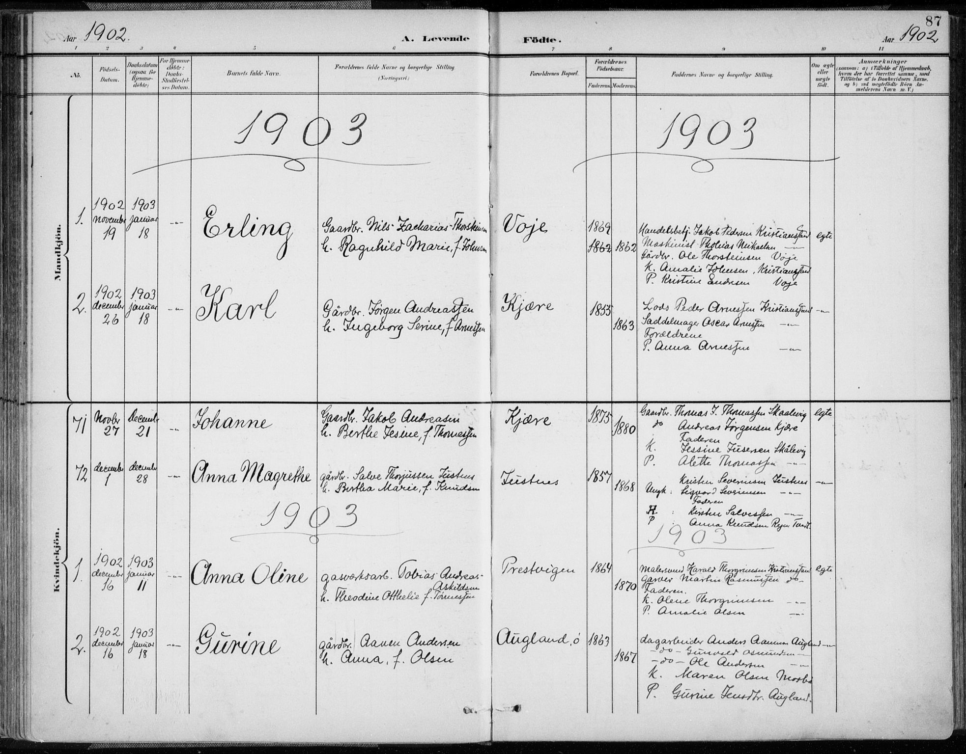 Oddernes sokneprestkontor, SAK/1111-0033/F/Fa/Faa/L0010: Ministerialbok nr. A 10, 1897-1911, s. 87