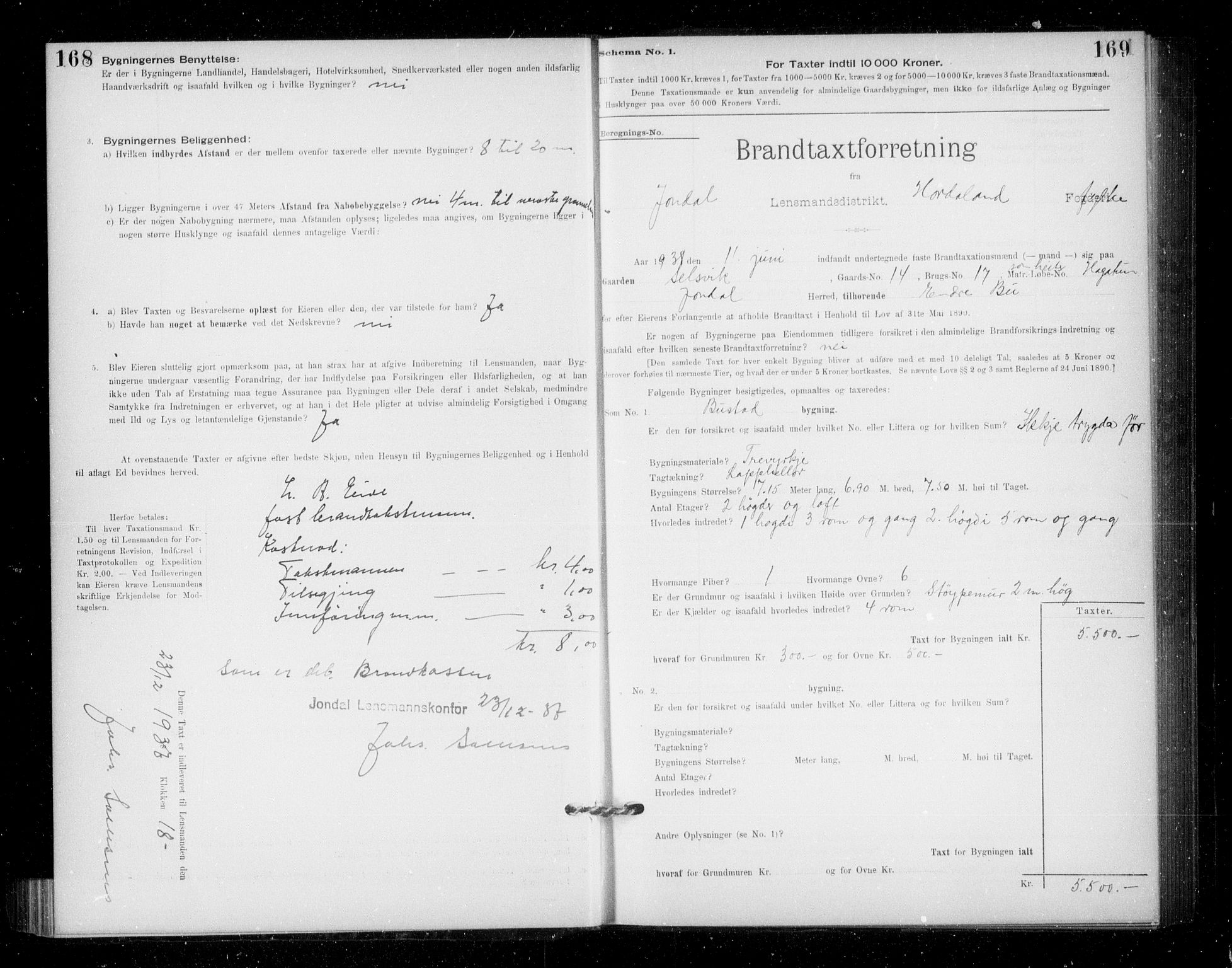 Lensmannen i Jondal, SAB/A-33101/0012/L0005: Branntakstprotokoll, skjematakst, 1894-1951, s. 168-169